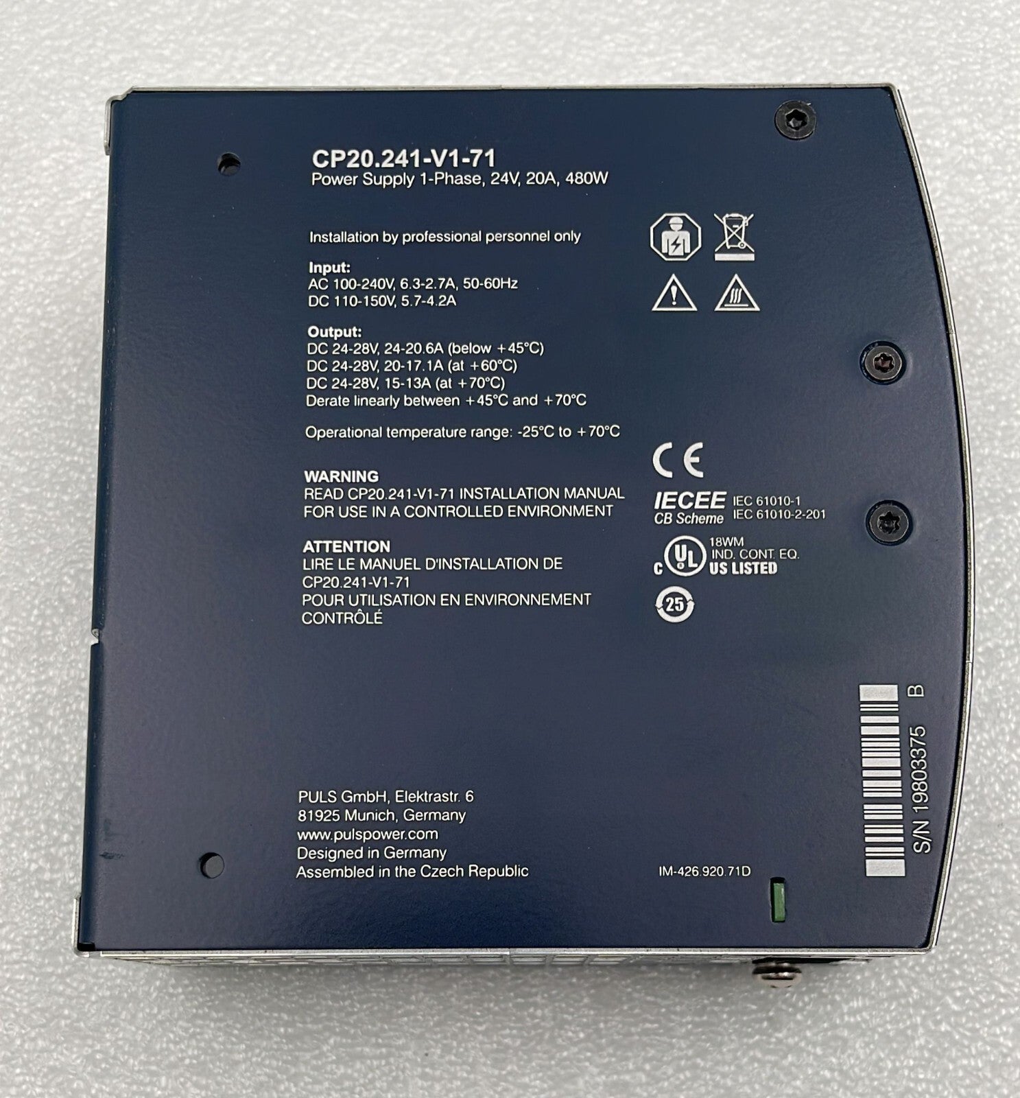 PULS Dimension CP20.241-V1-71 Power supply 1-Phase 24V 20A 480W