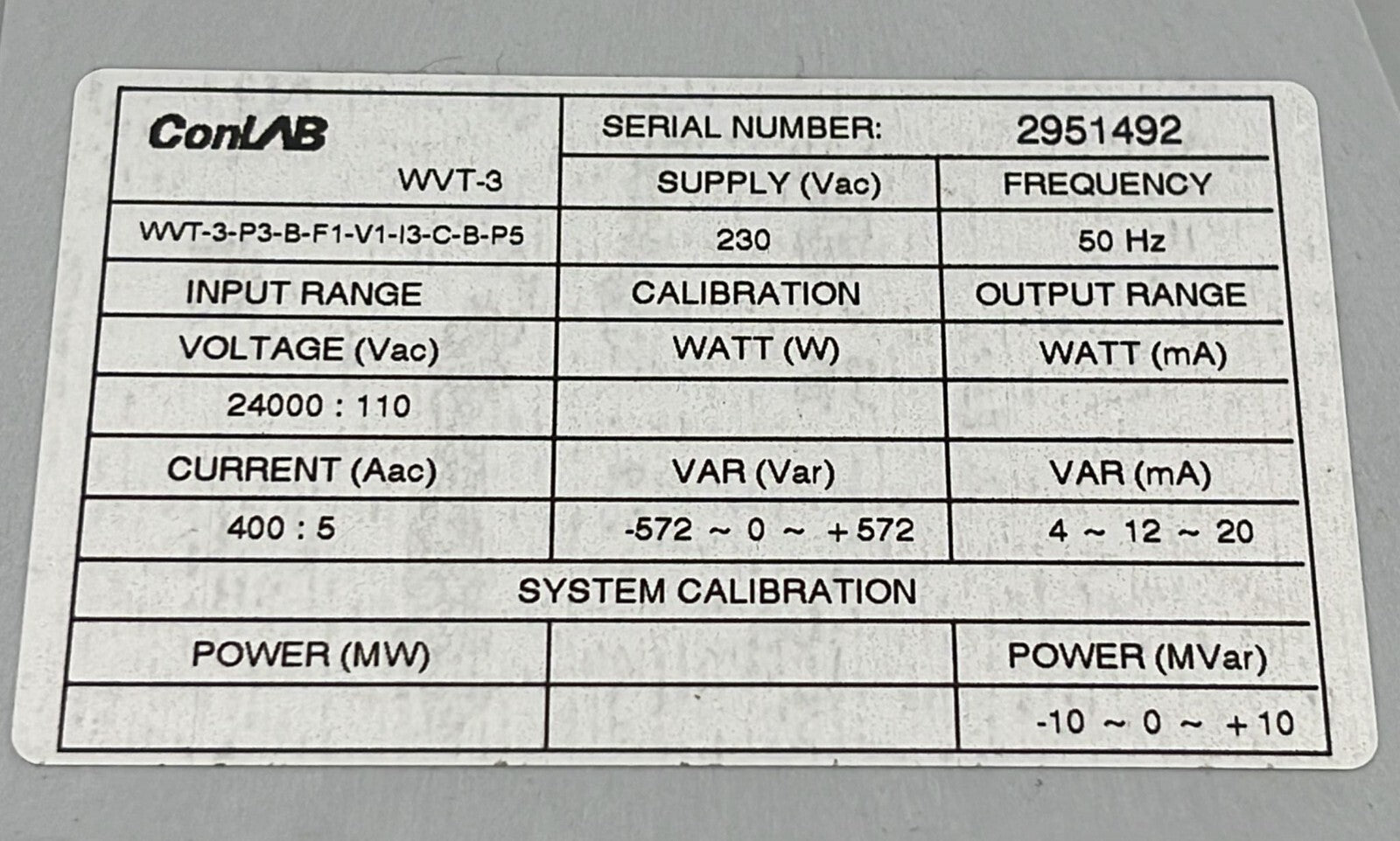 ConLAB WVT-3 WATT / VAR Transducer 230V 50Hz