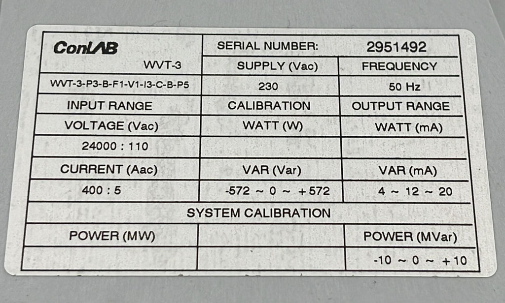 ConLAB WVT-3 WATT / VAR Transducer 230V 50Hz