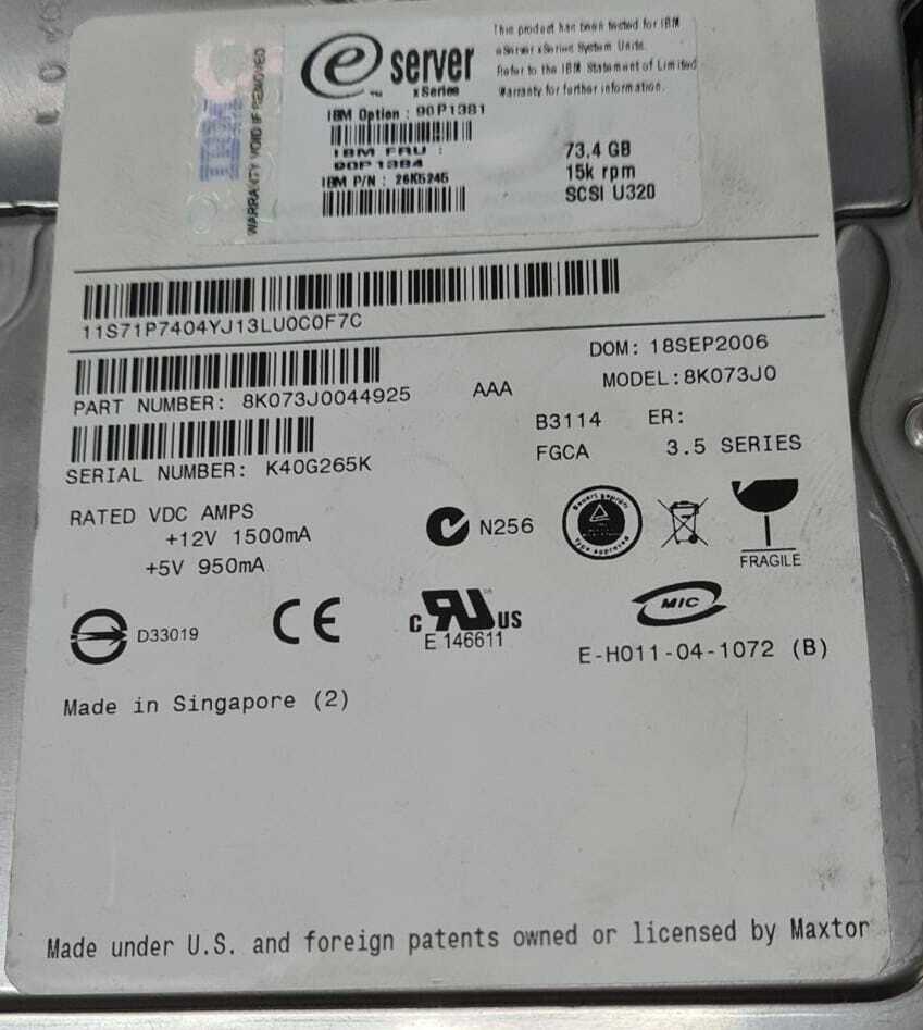 IBM Quantum 8K073J0 26K5245 73.4GB 15k rpm scsi U320  internal drive