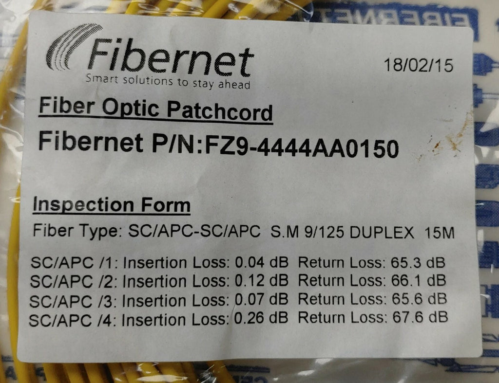 Fibernet Fiber Optic Patchcord SC/APC-SC/APC S.M 9/125 DUPLEX 15M