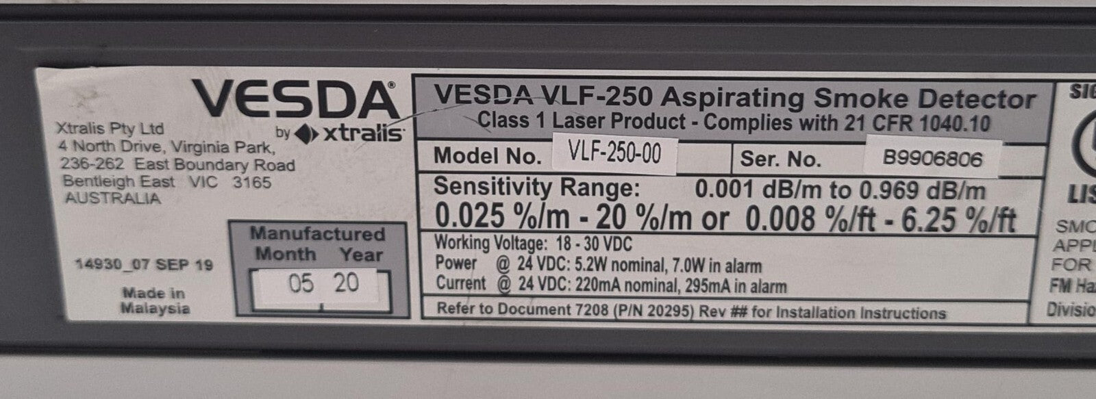 Xtralis VESDA VLF VLF-250-00 Aspirating Smoke Detector Air Sampling **AS-IS**