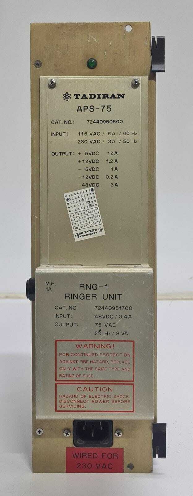 TADIRAN APS-75 Power Supply 72440950500 W/ RNG-1 Ringer Unit 72440951700