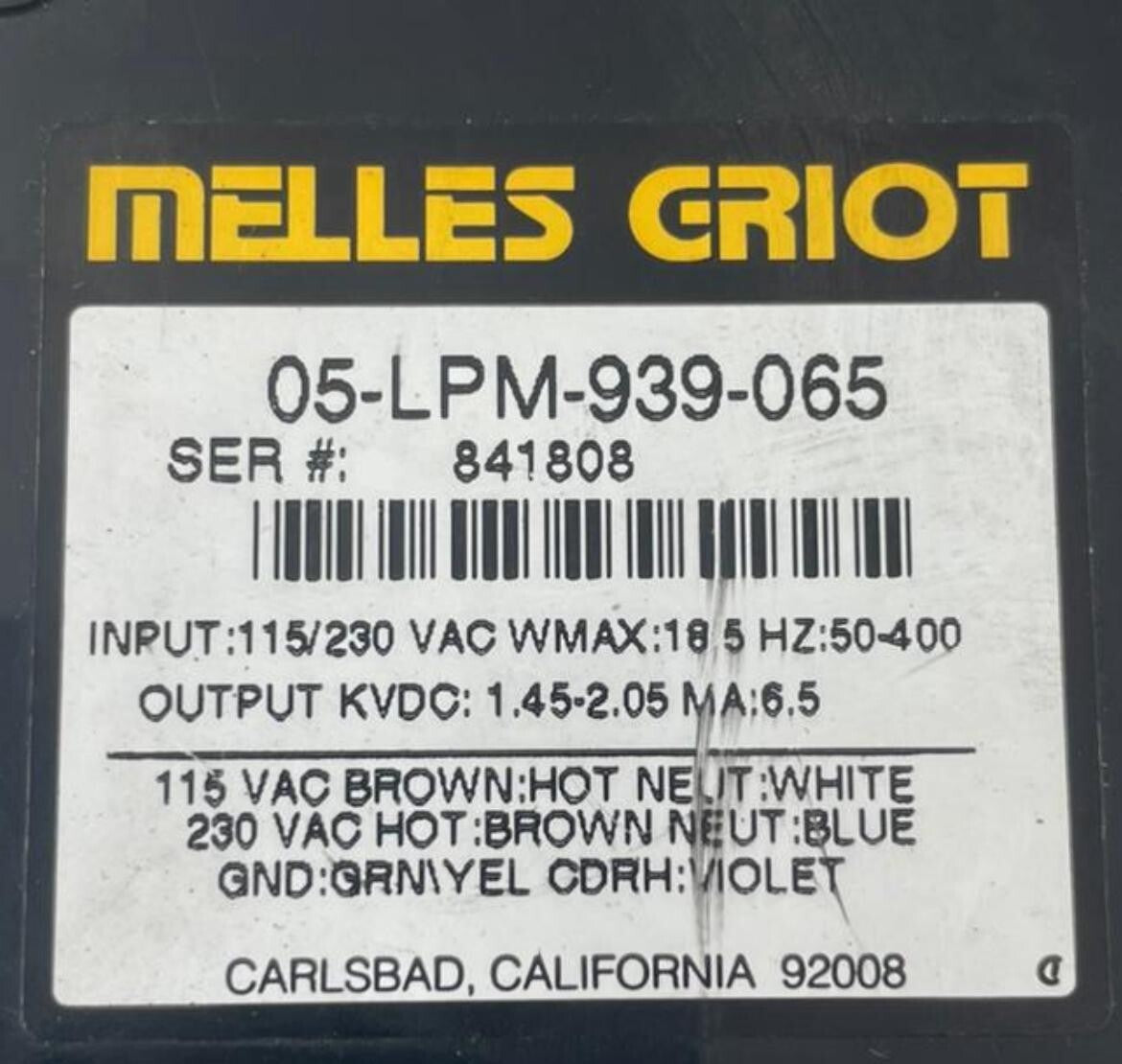 MELLES GRIOT 05-LPM-939-065 Power Supply W/ Laser Light Head