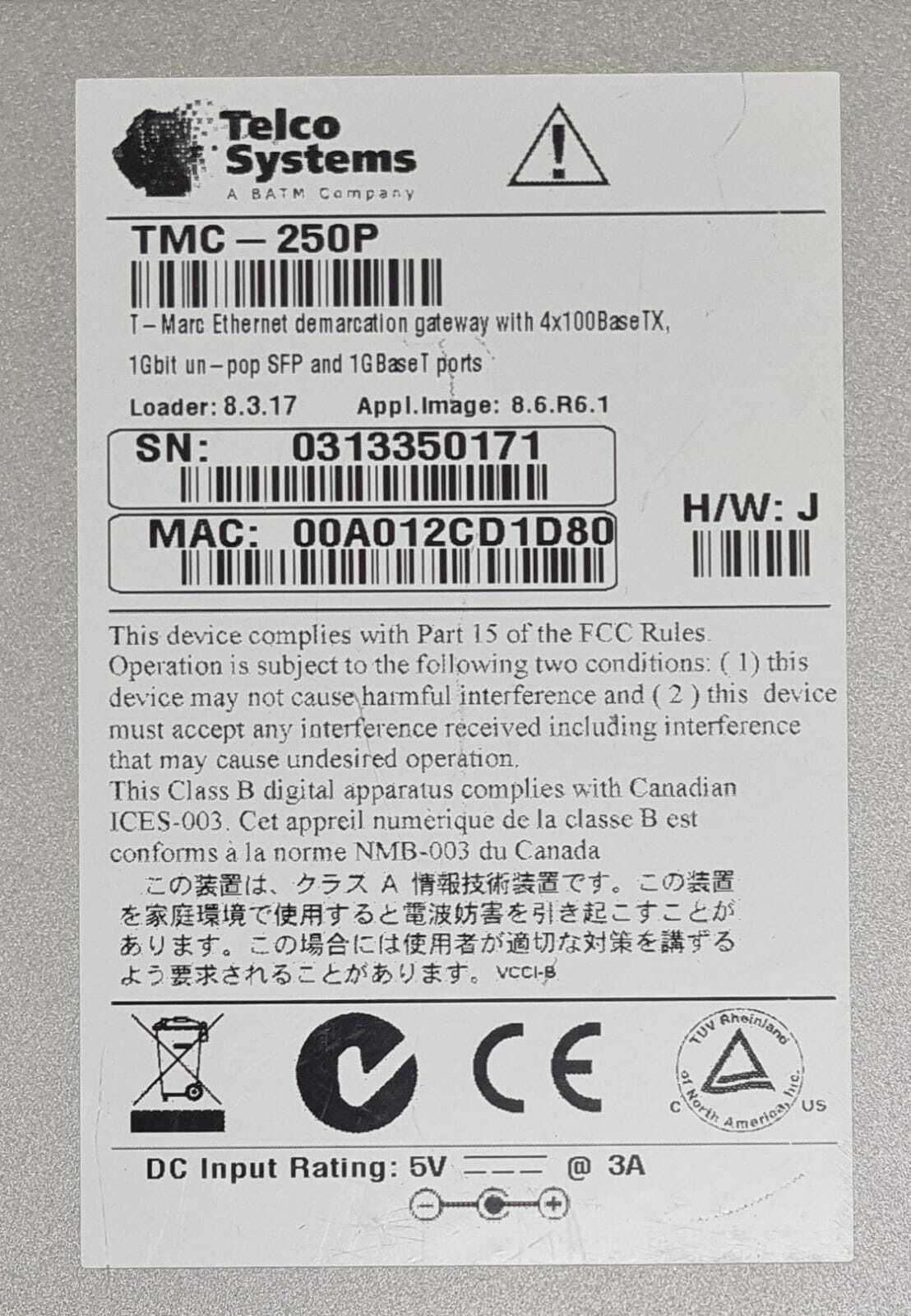 TELCO Systems T-MARC Ethernet Demarcation Gateway TMC-250P W/ SFP BTI-MGBIC