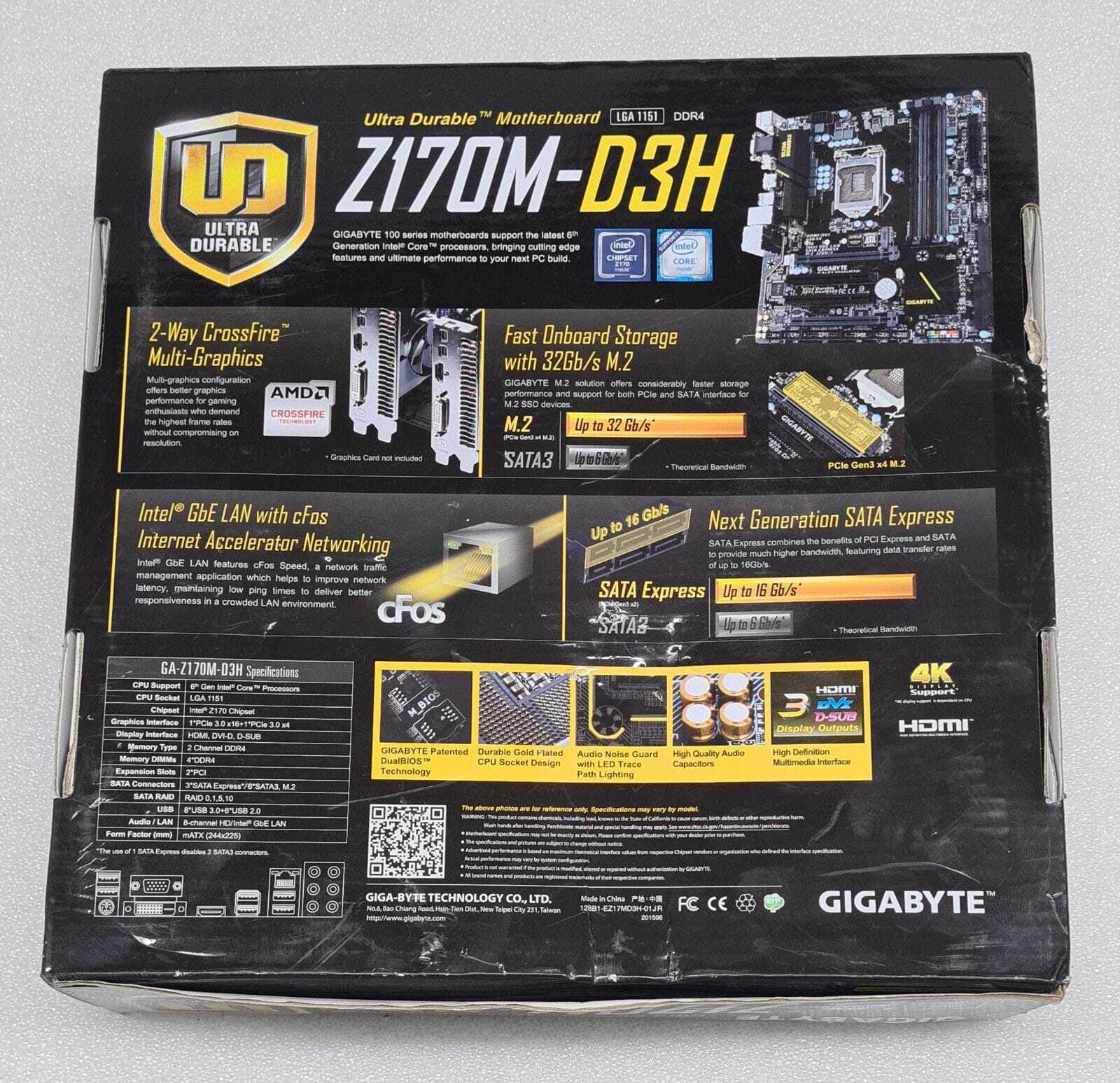 GIGABYTE GA-Z170M-D3H LGA1151 DDR4 Motherboard W/ BOX & I/O Shield - FOR PARTS