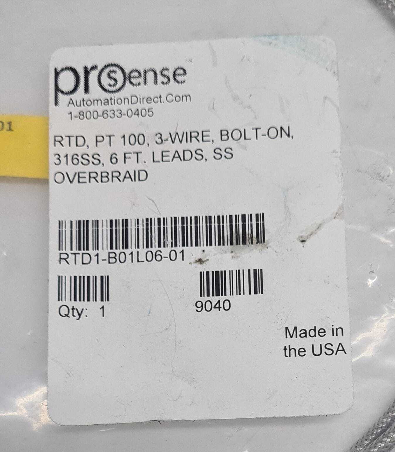 NEW - AutomationDirect ProSense RTD1-B01L06-01 3-WIRE RTD PT 316SS 6FT OVERBRAID