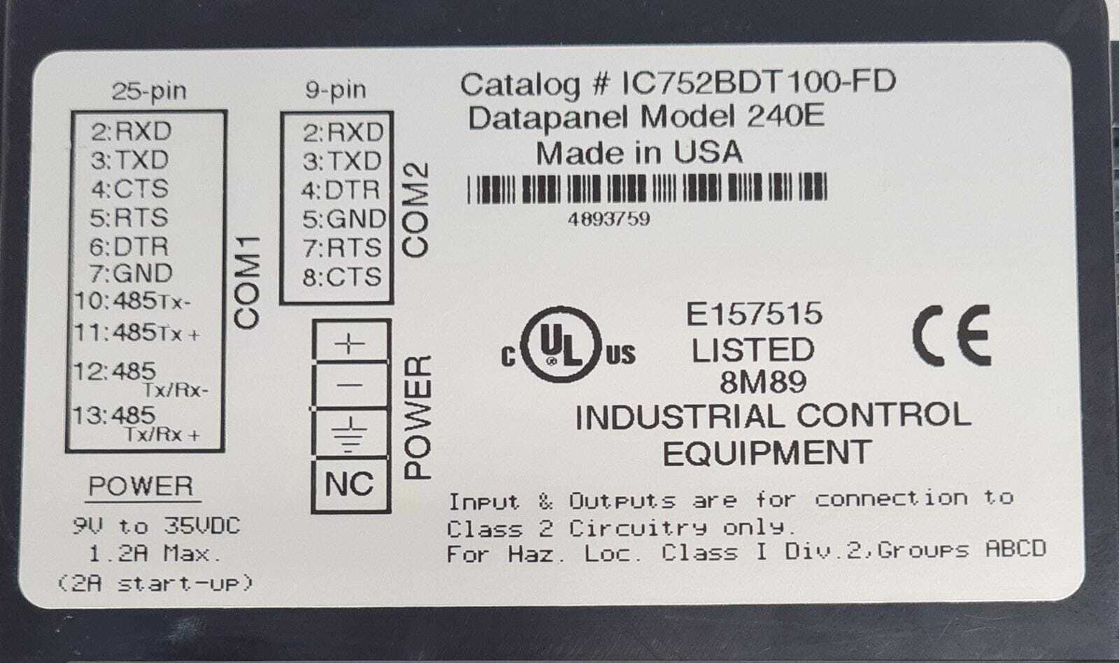 GE Fanuc Datapanel 240E IC752BDT100-FD Data Panel Screen Touch Interface