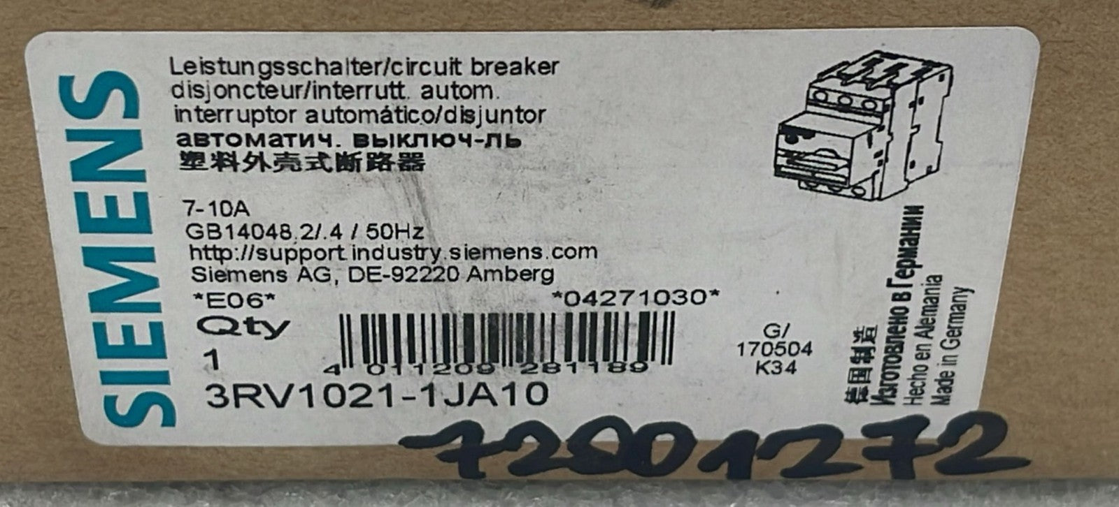 Siemens 3RV1021-1JA10 label close-up with model number