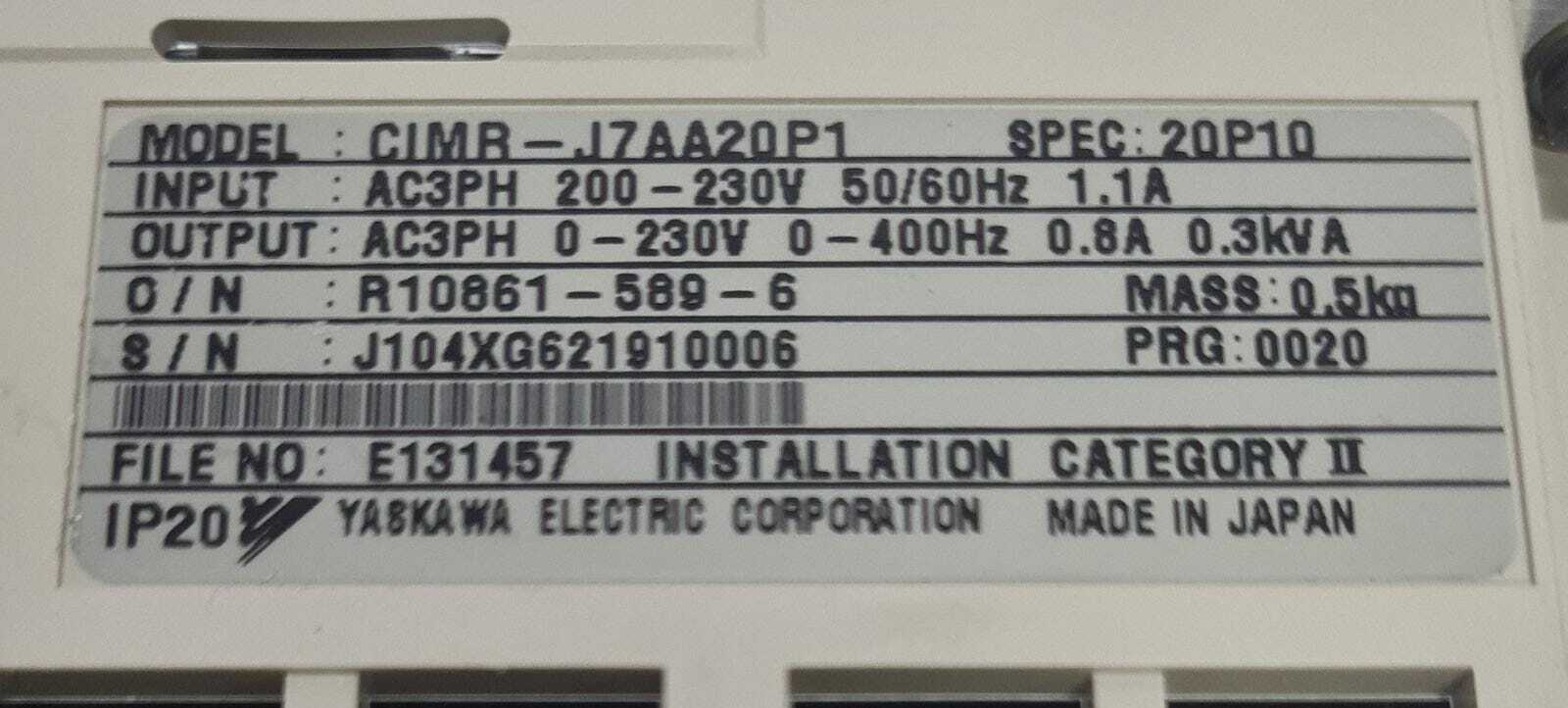 YASKAWA VS mini J7 CIMR-J7AA20P1 Inverter Drive 200V 3 Phase 0.1kW