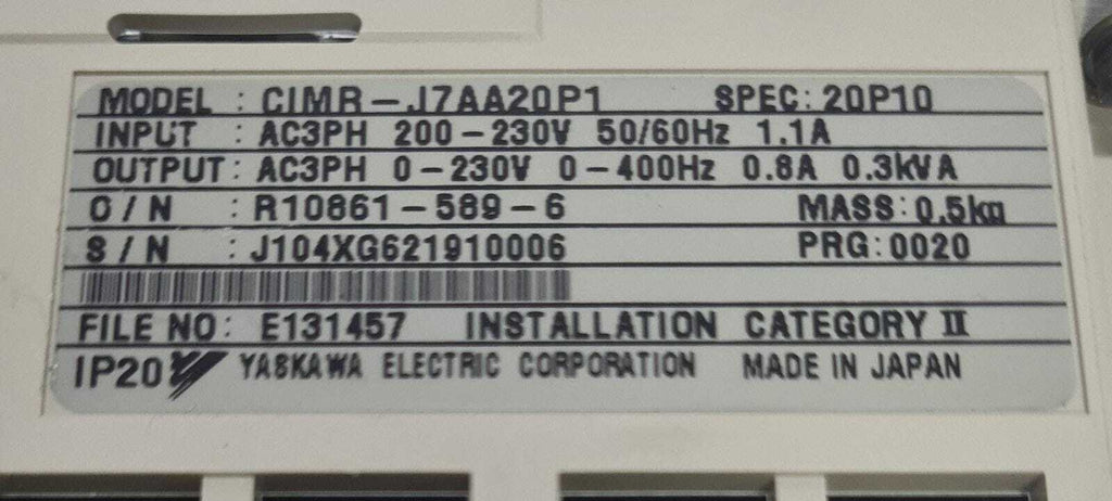YASKAWA VS mini J7 CIMR-J7AA20P1 Inverter Drive 200V 3 Phase 0.1kW