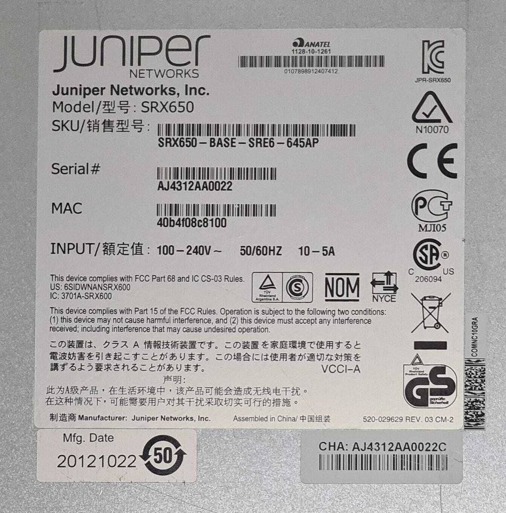 JUNIPER Networks SRX650 VPN Firewall Gateway W/ 16GigE SRX-GP-16GE & SRE6