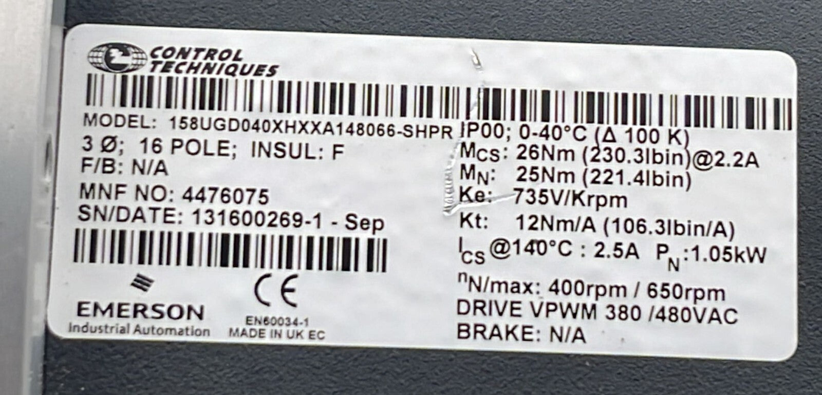 Emerson Control Techniques 158UGD040XHXXA148066-SHPR UniMotor **AS IS