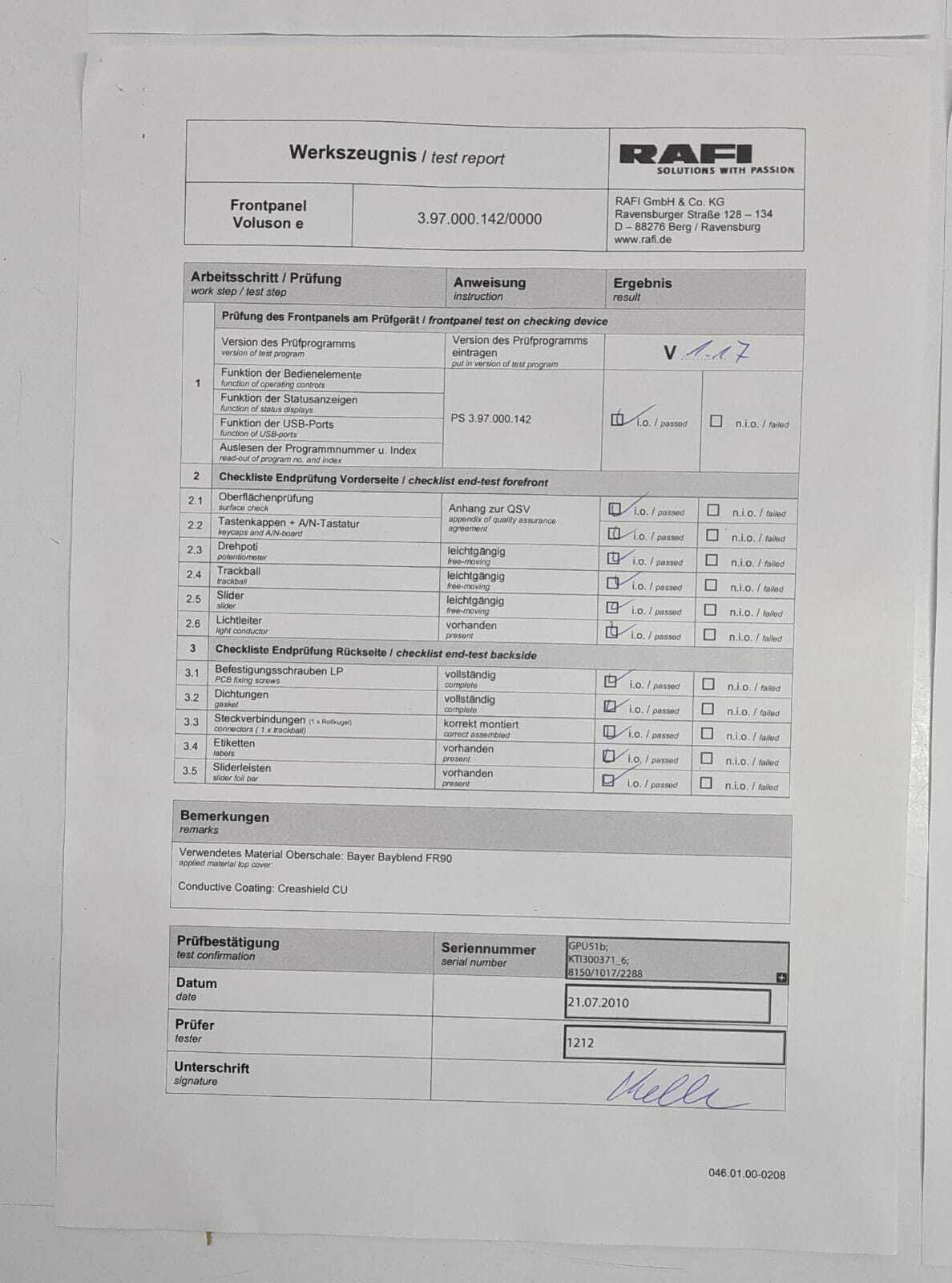 GE Voluson-e / i RAFI LAGE 6 GPU51b 3.97.000.142 Ultrasound Keyboard Front Panel