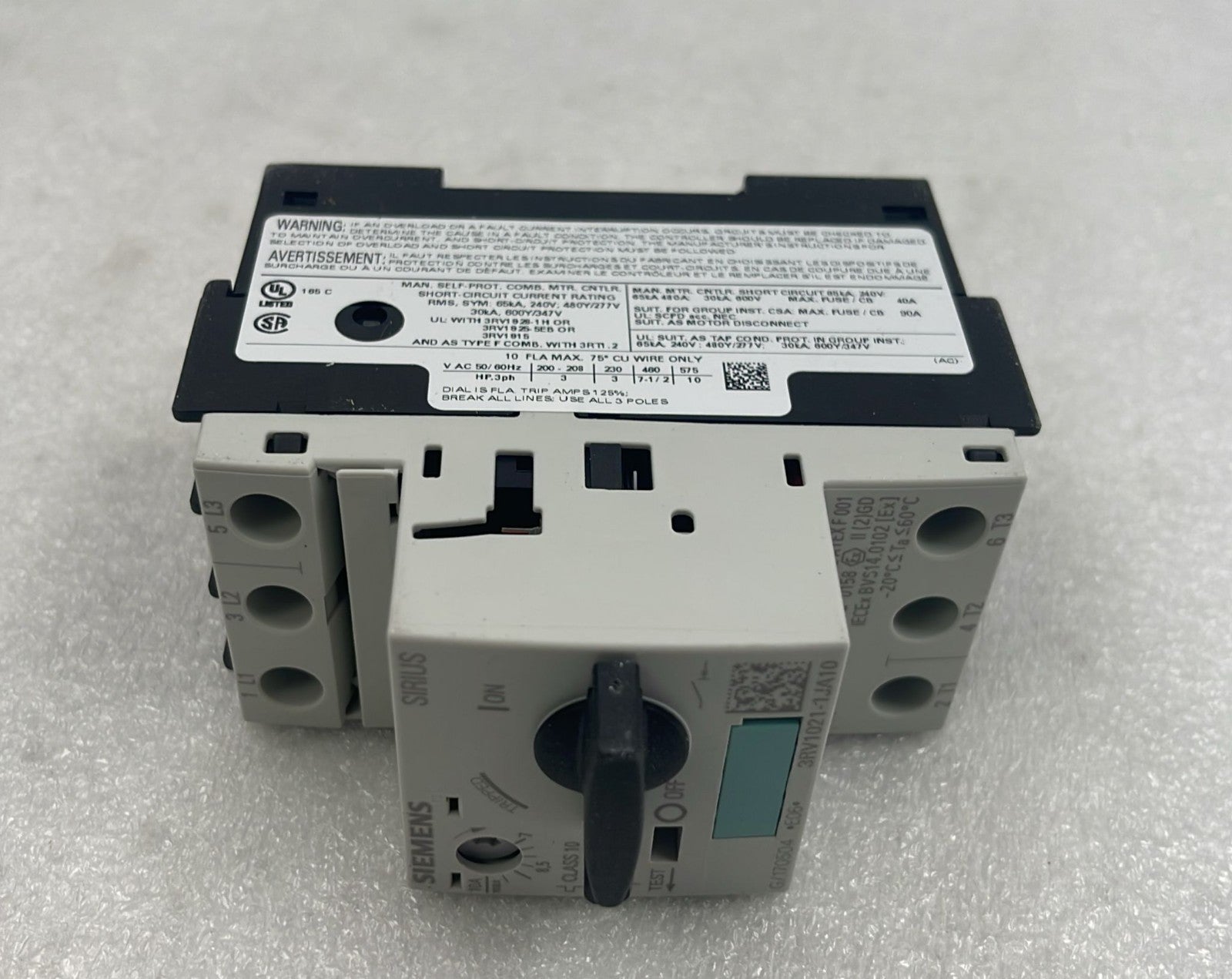 Siemens 3RV1021-1JA10 front dial and terminals view