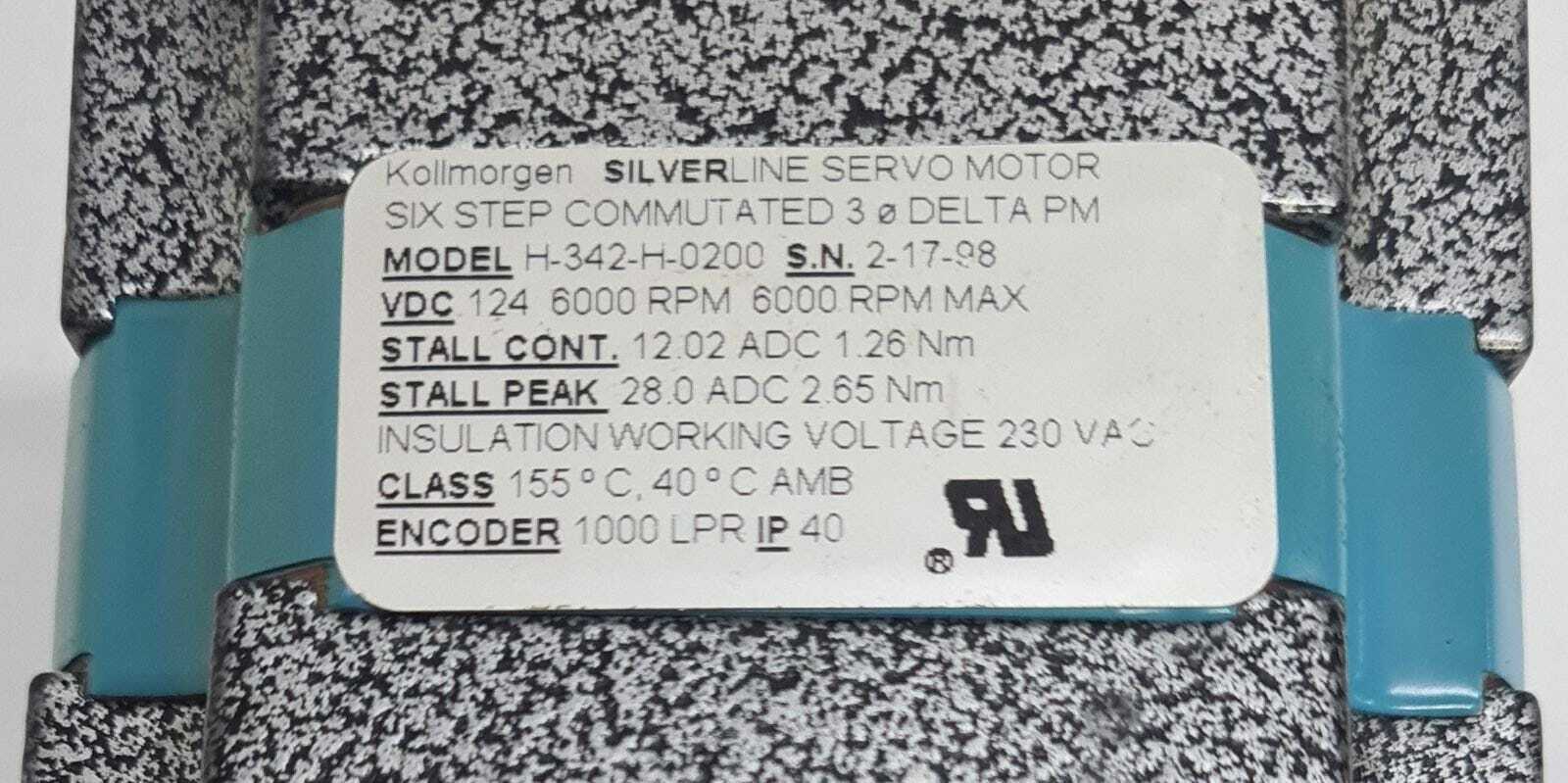 Kollmorgen SILVERLINE Servo Motor H-342-H-0200 W/ Optical Encoder E3-1000-315-I