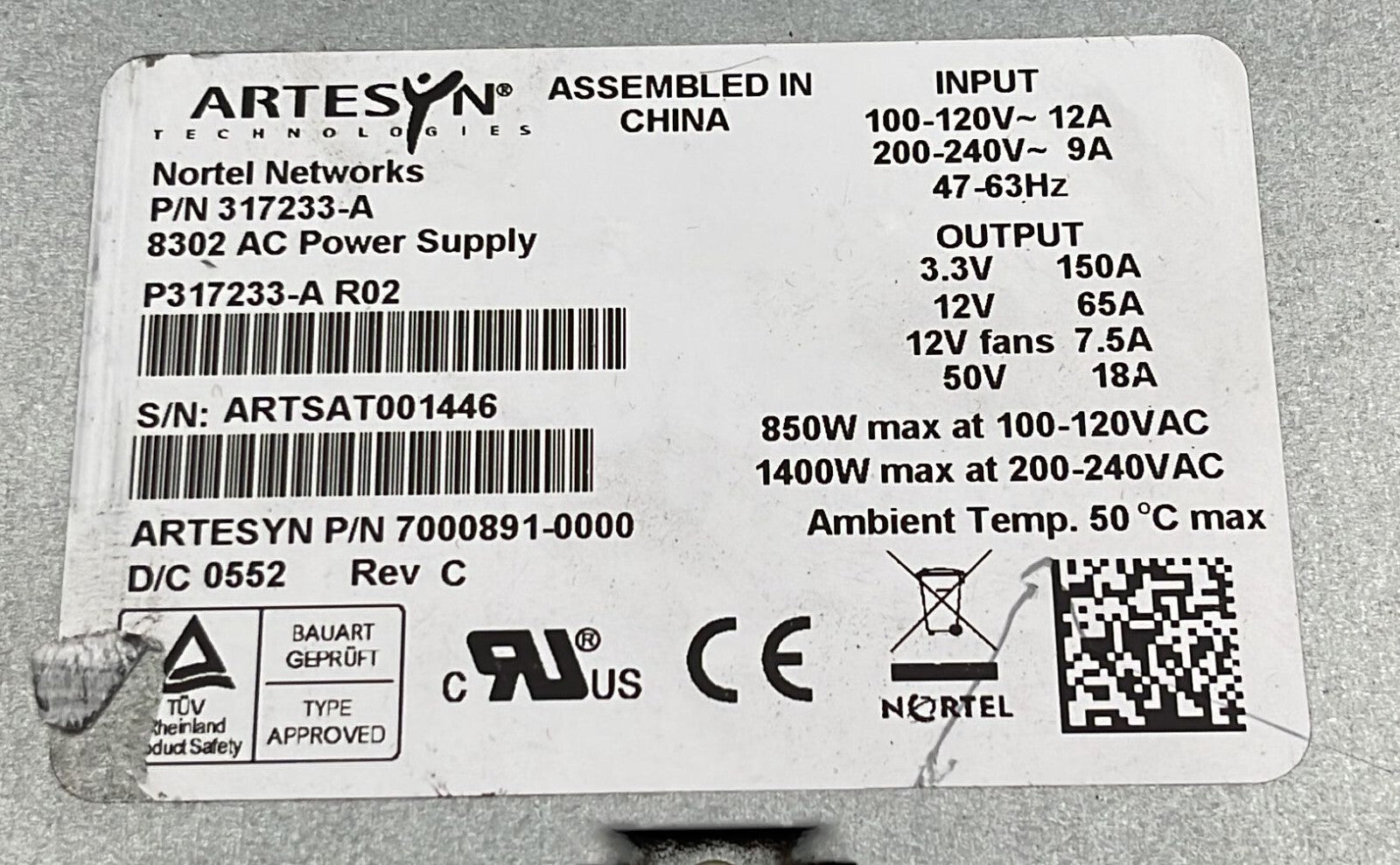 Nortel Network 317233-A 8302 AC 8302 AC Power Supply Artesyn 7000891-0000
