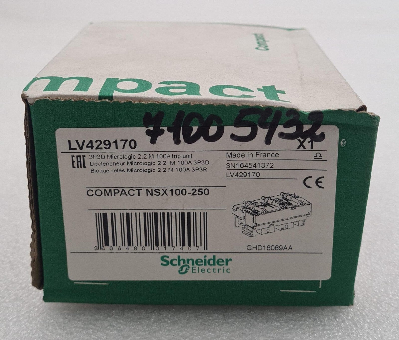 NEW - Schneider LV429170 Compact NSX100-250 3P3D Micrologic 2.2 M 100A trip unit