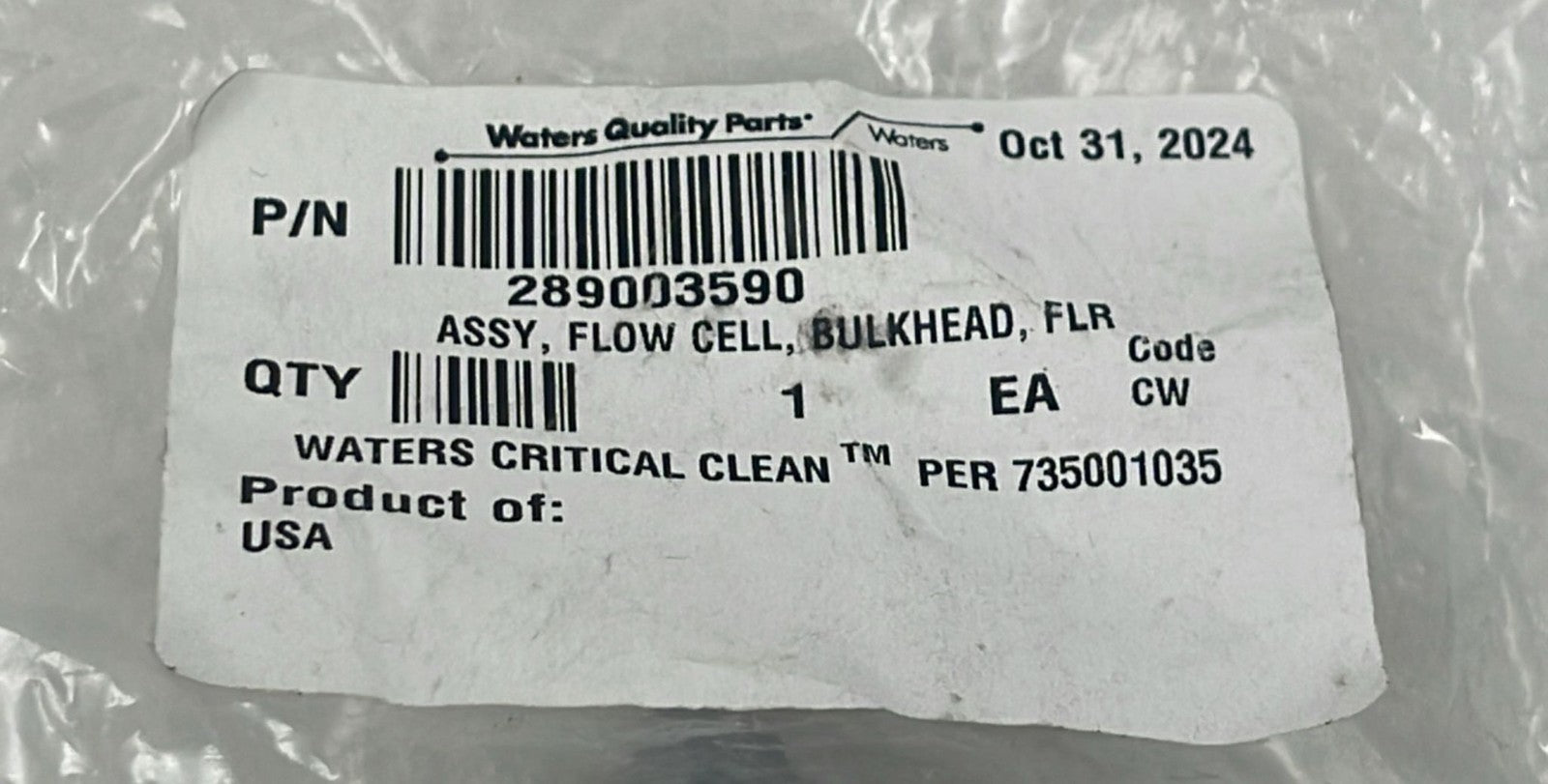 Waters 289003590 product label close-up