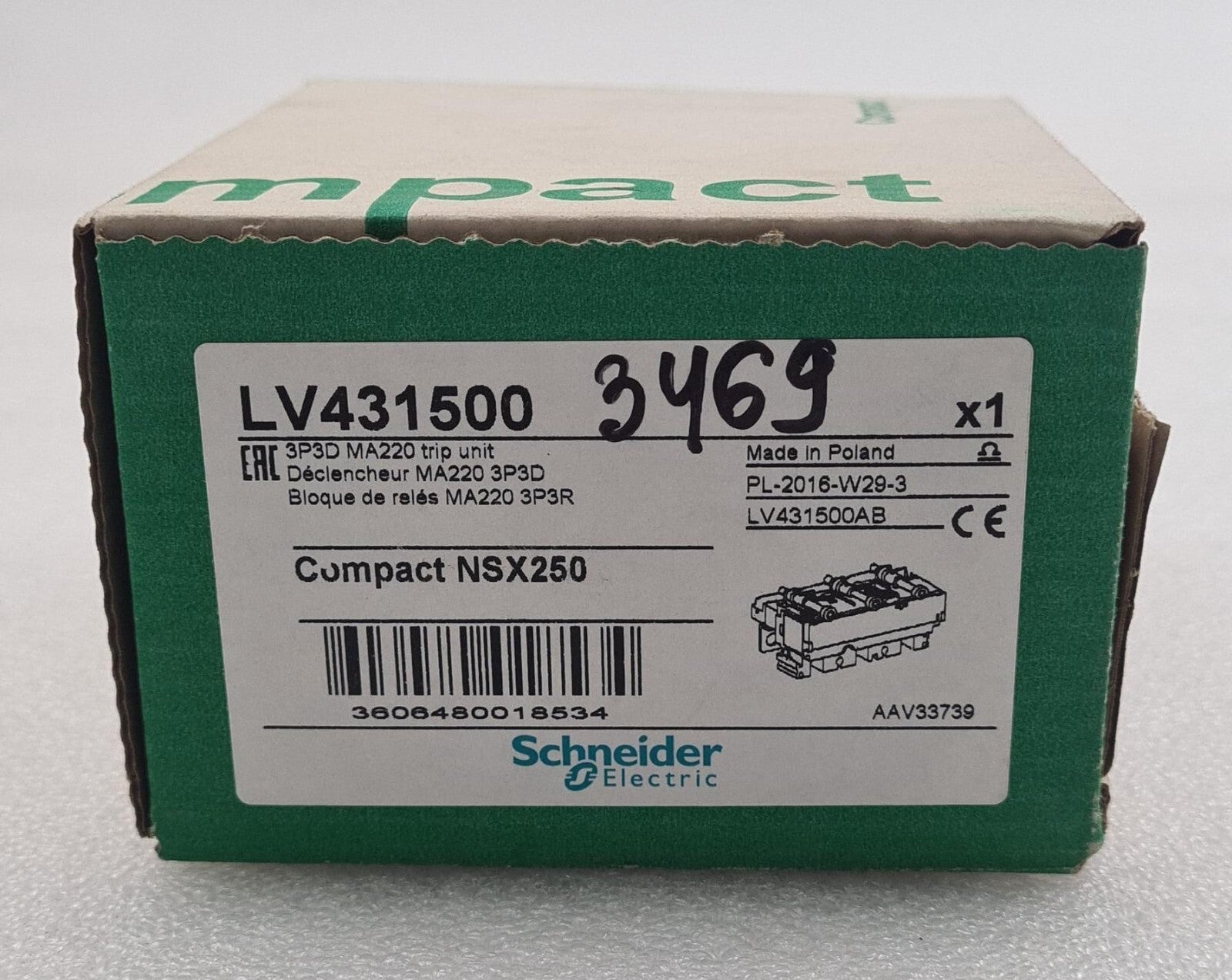NEW - Schneider Electric LV431500 Compact NSX250 3P3D MA220 LV431500AB NSX 250