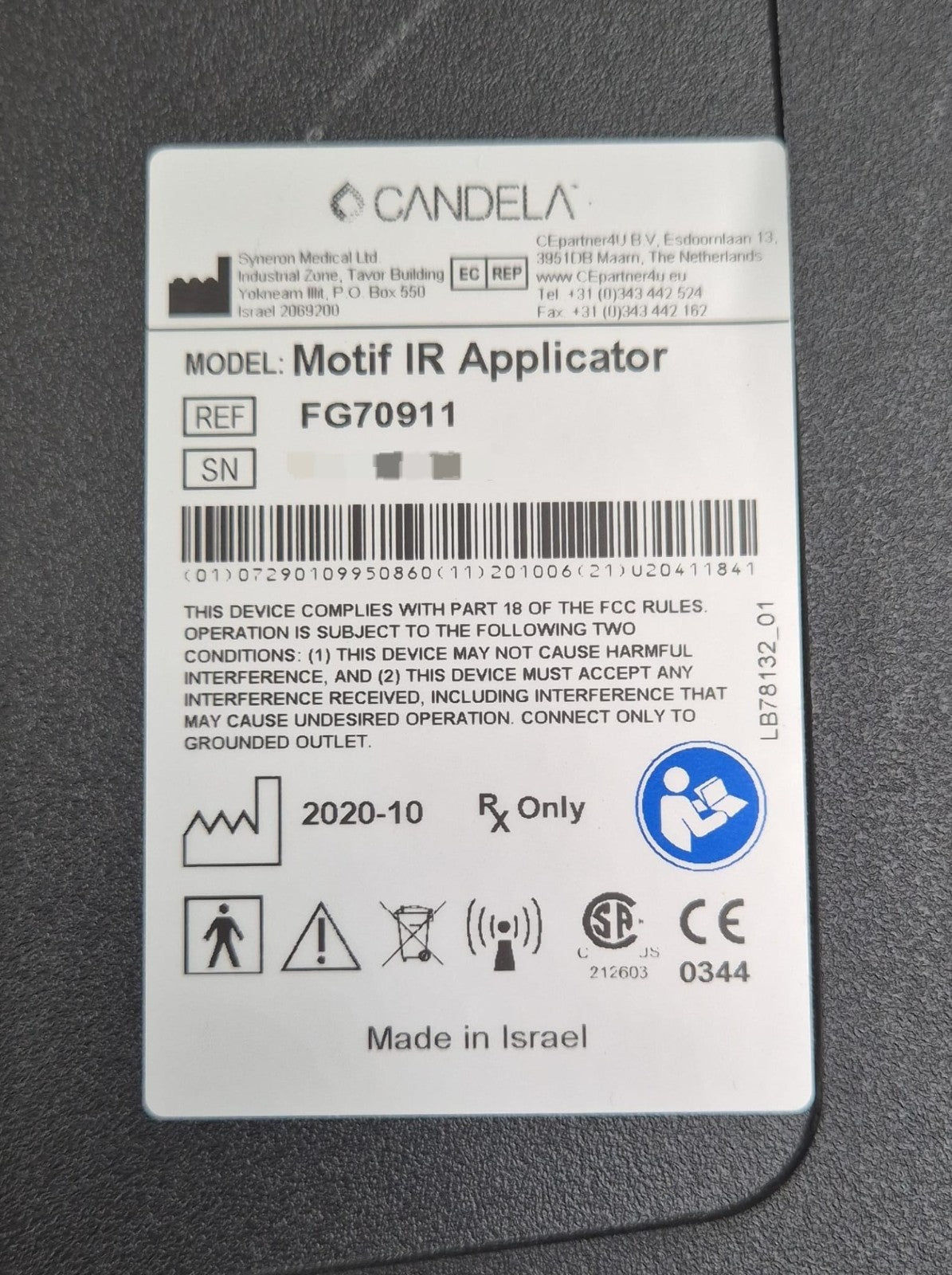 Syneron CANDELA Motif IR Applicator FG70911 Hand-piece for ELase Machine **NEW**