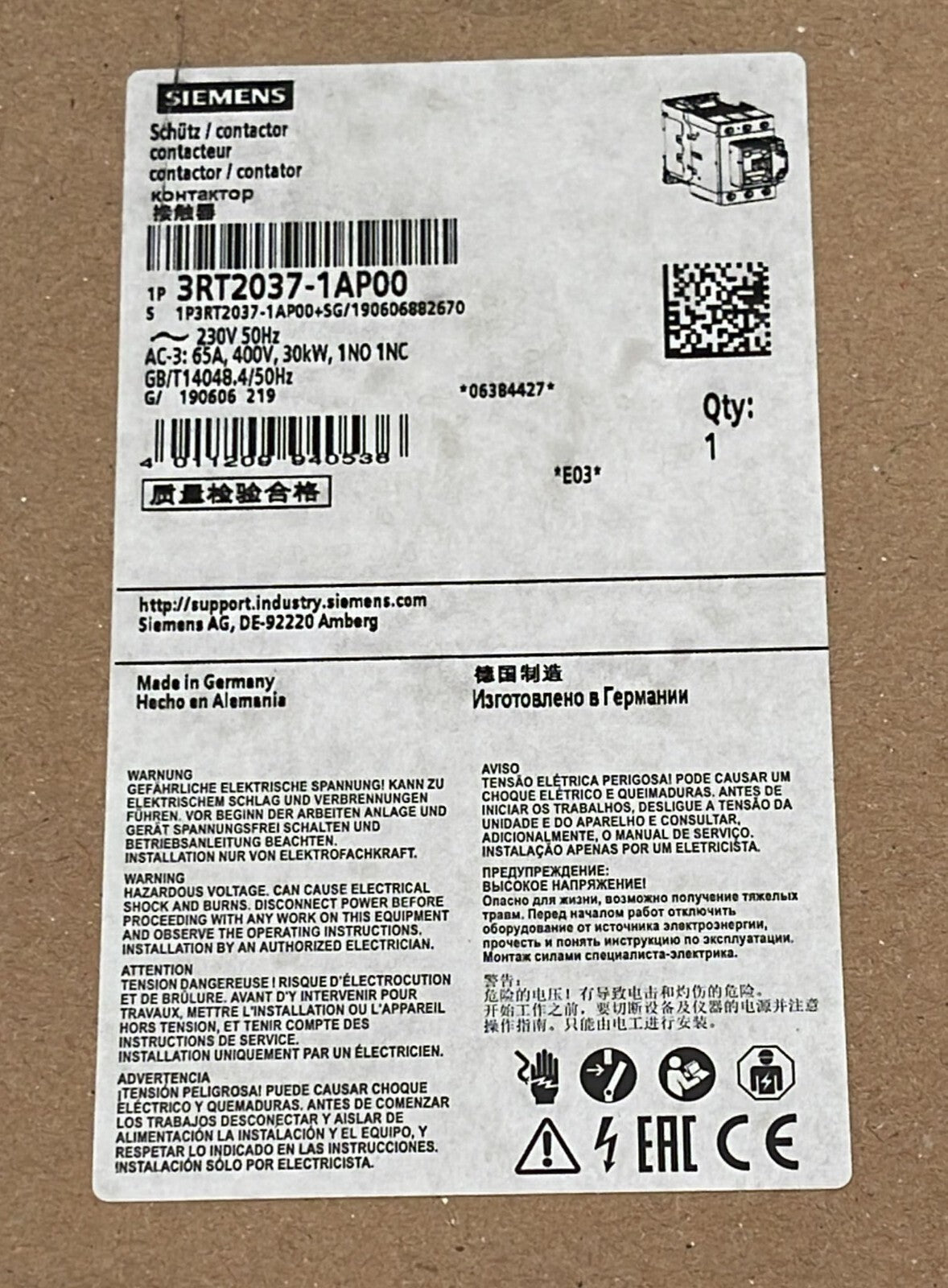 SIEMENS SIRIUS 3RT2037-1AP00 Relay Contactor 230V 50Hz