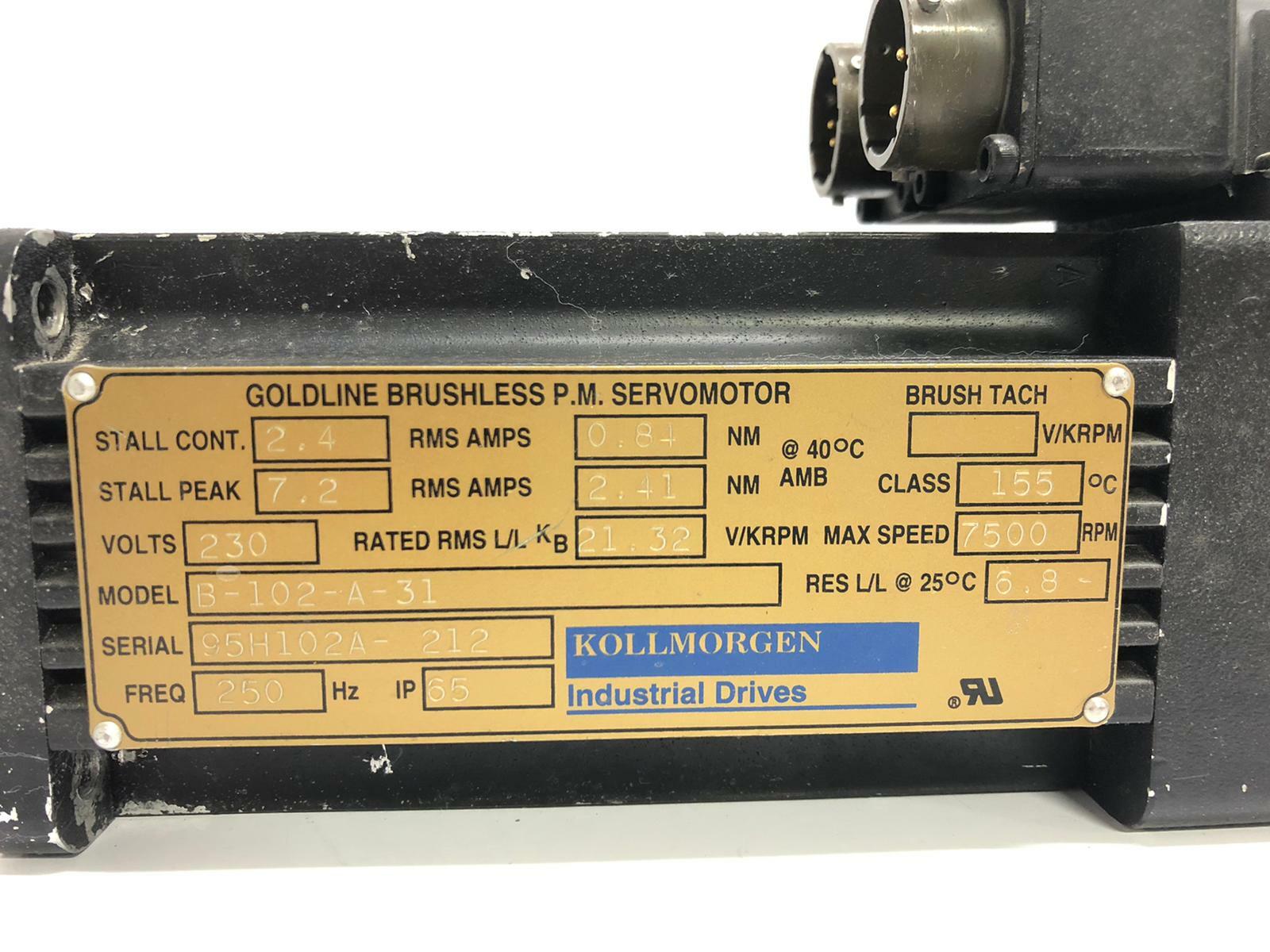 Kollmorgen B-102-A-31 Goldline Brushless P.M. Servo Motor 7500Rpm