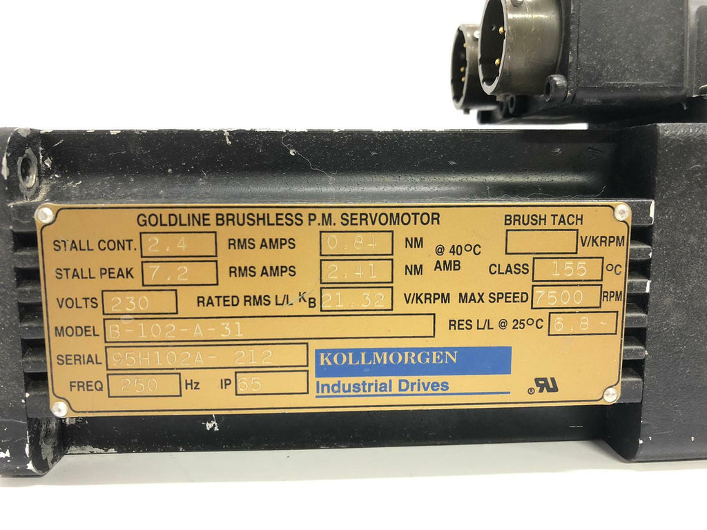 Kollmorgen B-102-A-31 Goldline Brushless P.M. Servo Motor 7500Rpm