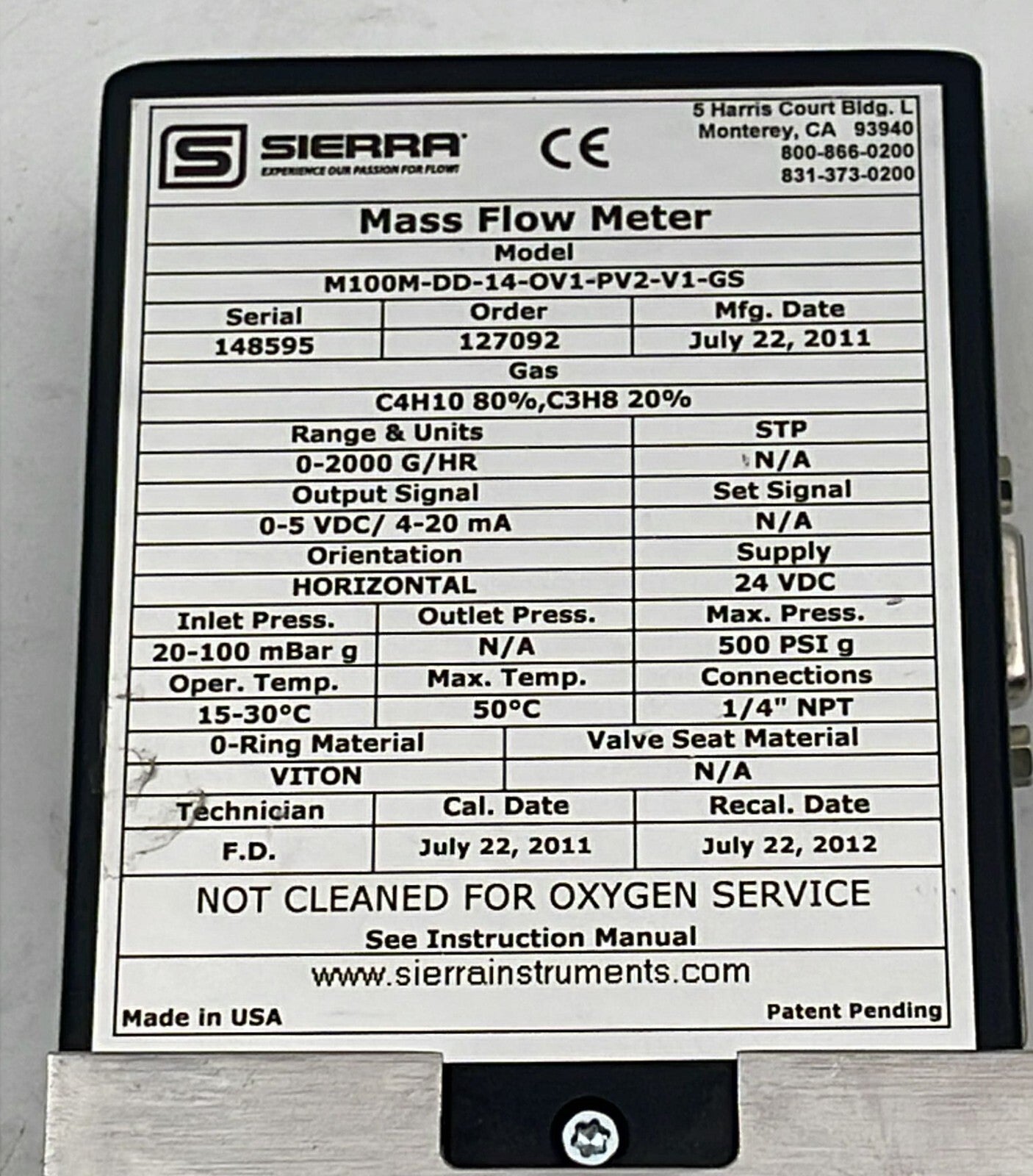SIERRA M100M-DD-14-OV1-PV2-V1-GS MASS FLOW METER **AS IS