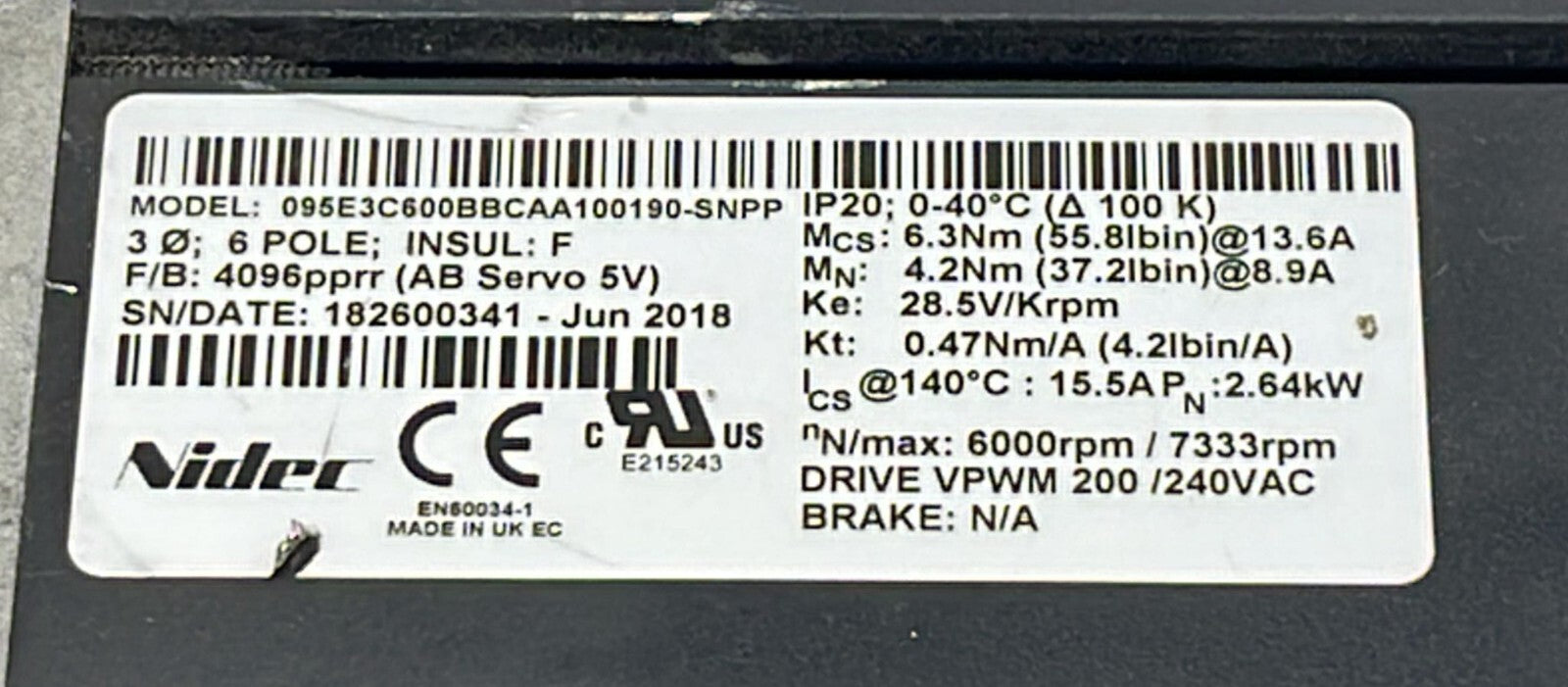 Nidec Servo Motor 095E3C600BBCAA100190-SNPP W/ EVL-090B-10-S6-19EB19