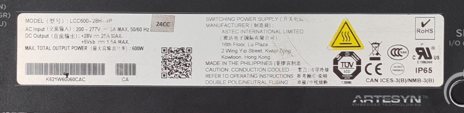 ASTEC Artesyn LCC 600 SERIES LCC600-28H-4P Switching Power Supply 28V 600W