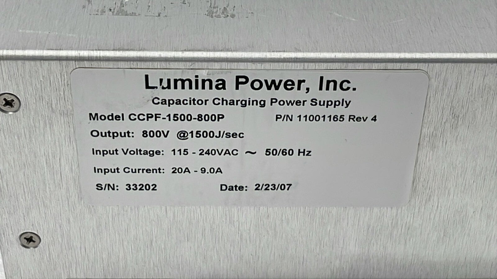 Lumina CCPF-1500-800 11001165 Capacitor Charging Power Supply 800V 1500J *AS-IS*