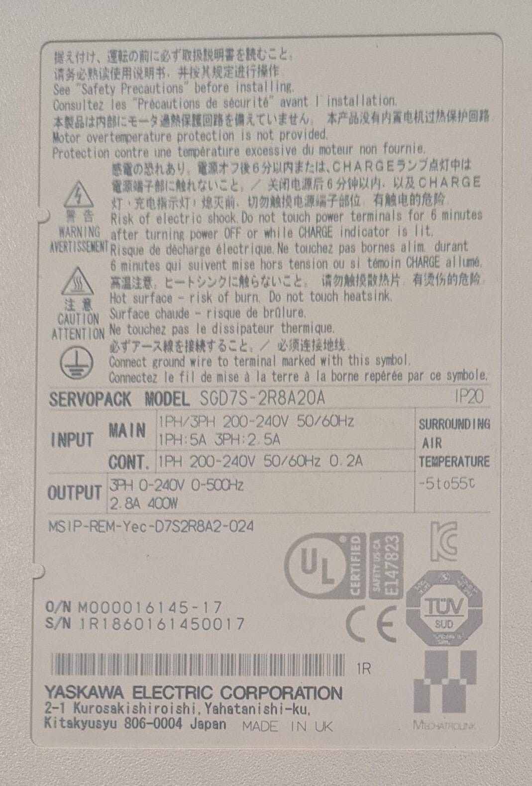 YASKAWA SERVOPACK SGD7S-2R8A20A Servo Driver 200V