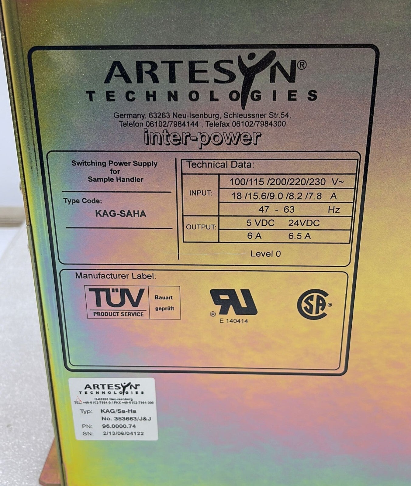 Artesyn Inter Power KAG-SAHA 96.0000.74 KAG/Sa-Ha No. 353663/J&J Sample Handler