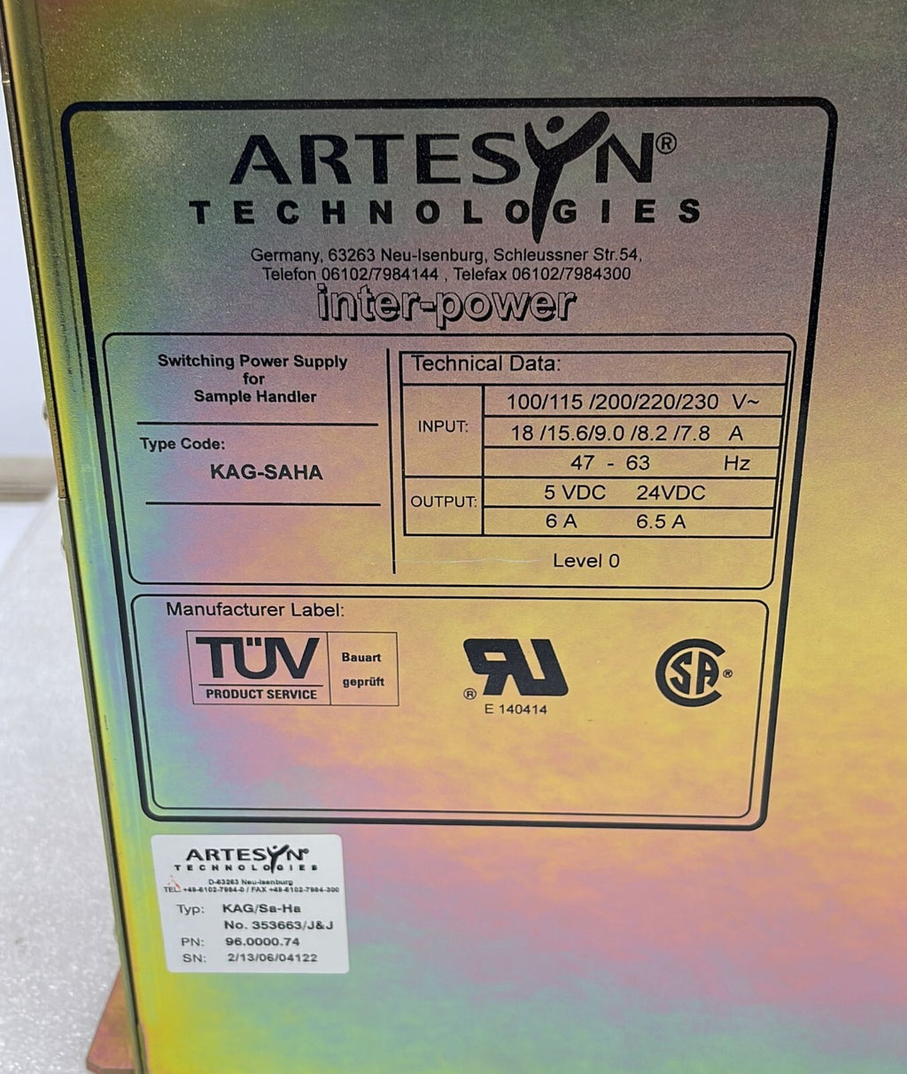 Artesyn Inter Power KAG-SAHA 96.0000.74 KAG/Sa-Ha No. 353663/J&J Sample Handler