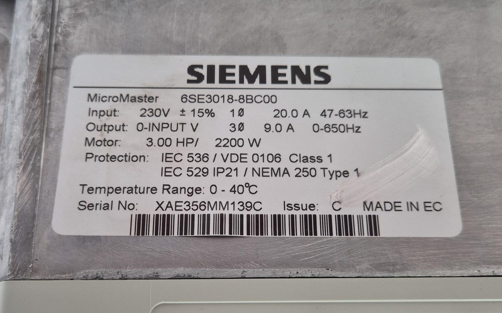 SIEMENS SIMOVERT MicroMaster 6SE3018-8BC00 230V 3HP 2200W Issue C