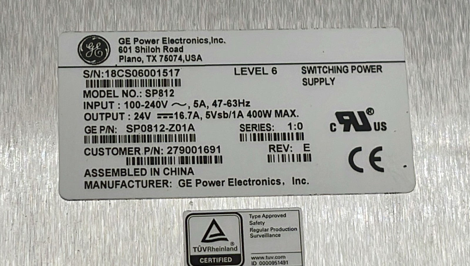 GE SP812 SP0812-Z01A power supply specification label close-up