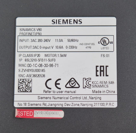 Siemens SINAMICS V90 PROFINET 6SL3210-5FB11-5UF0 rating label 200-240V 1.5kW