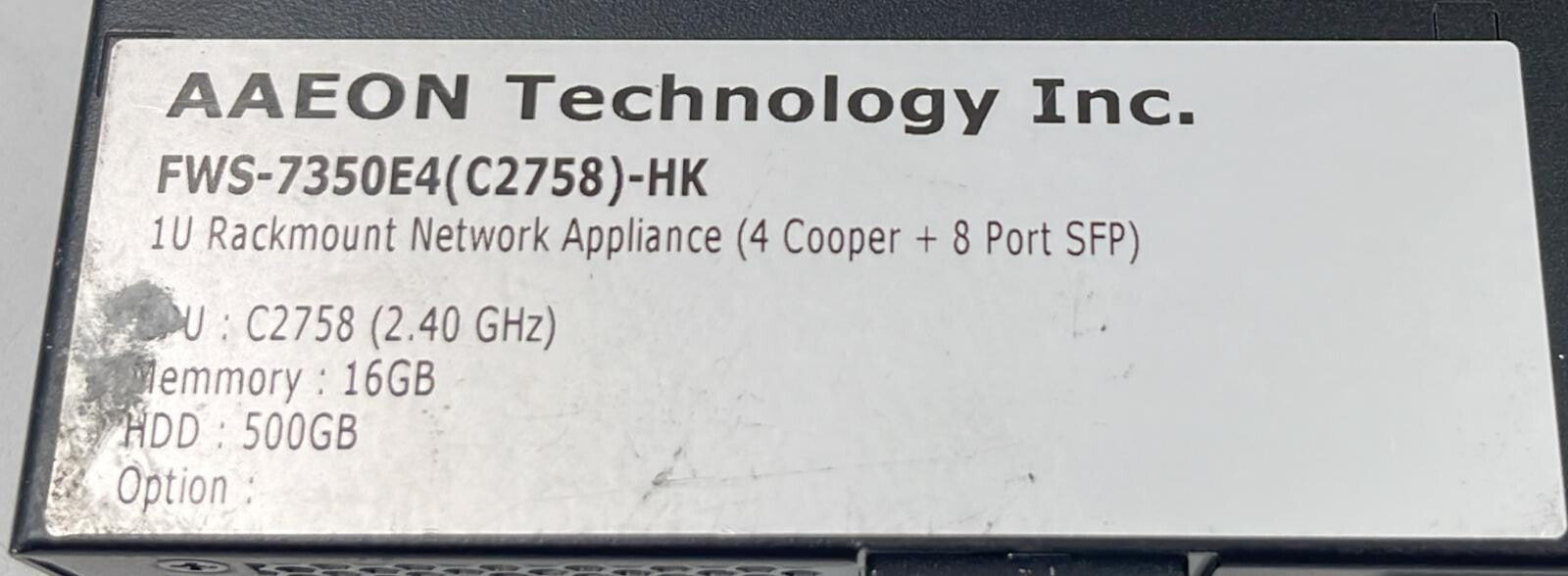AAEON 1U Rackmount Network Appliance FWS-7350E4 (C2758)-HK 4-Cooper + 8-Port SFP