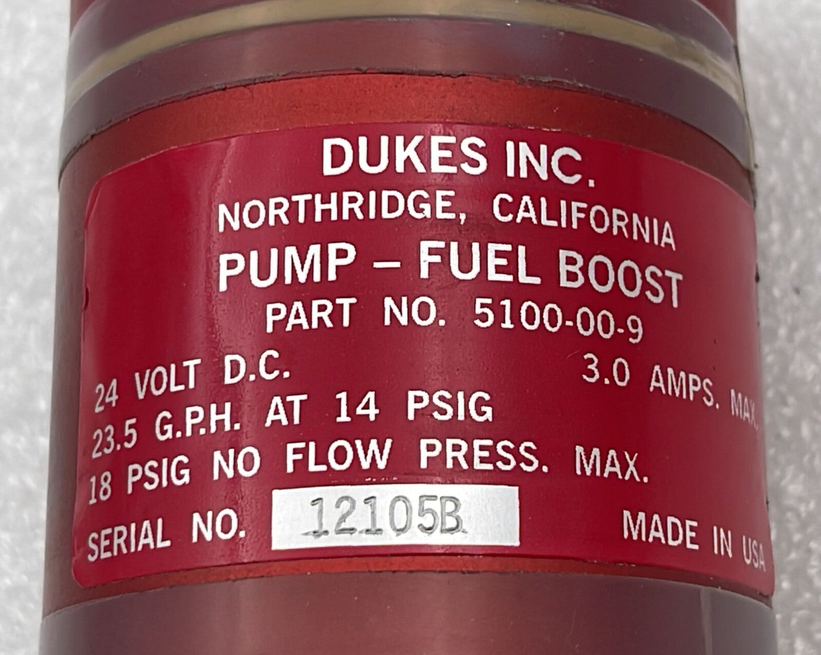 DUKES 5100-00-9 Pump Fuel Boost W/ Parker KT10 Solenoid Coil