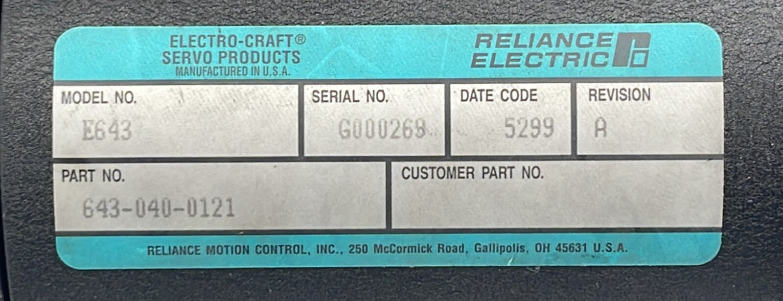 Reliance ElectroCraft E643 Servo motor 643-040-0121