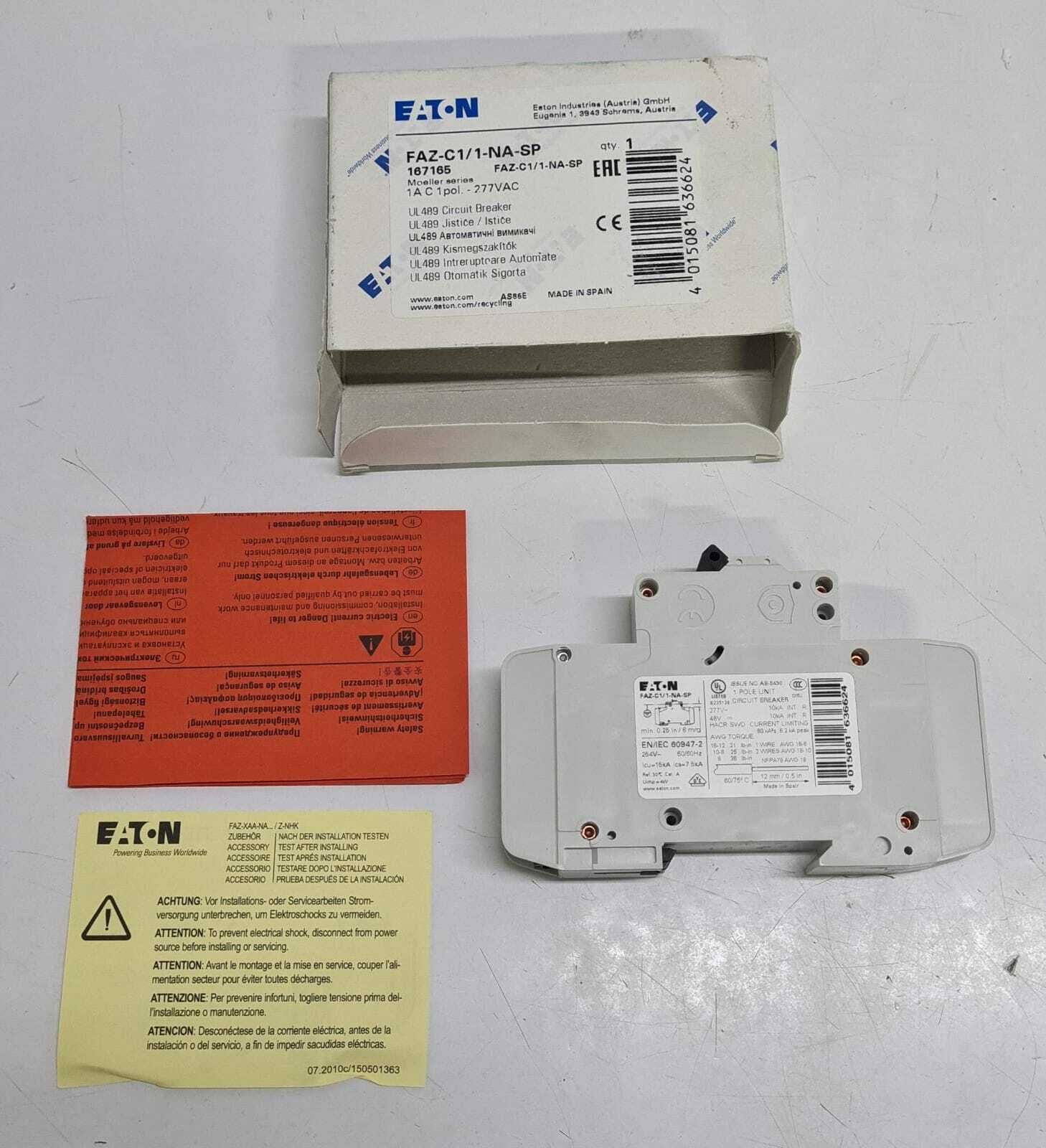 [LOT OF 2 PCS] NEW - EATON FAZ-C1/1-NA-SP Circuit Breaker 167165 1-POLE 1A C