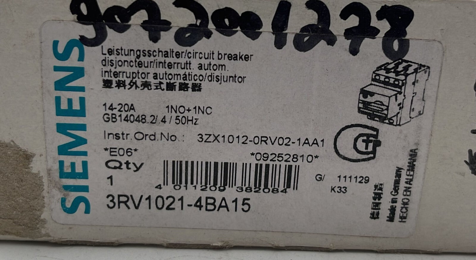 Siemens 3RV1021-4BA15 Circuit breaker 14-20A 1NO + 1NC