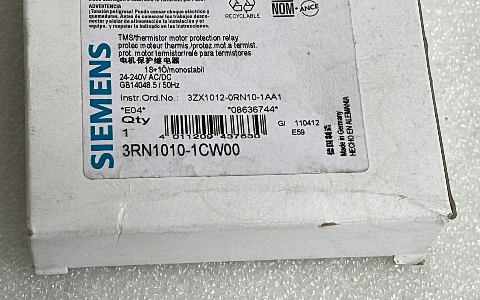 Siemens 3RN1010-1CW00 Thermistor motor protection relay 24-240V GB14048.5/50Hz