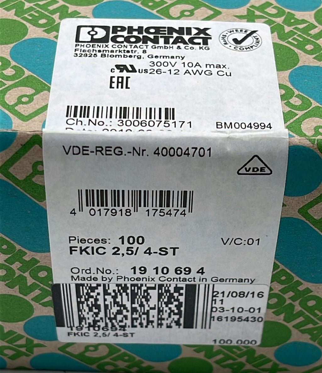 [LOT OF 100] NEW - PHOENIX Contact FKIC 2,5 / 4-ST Connector 1910694