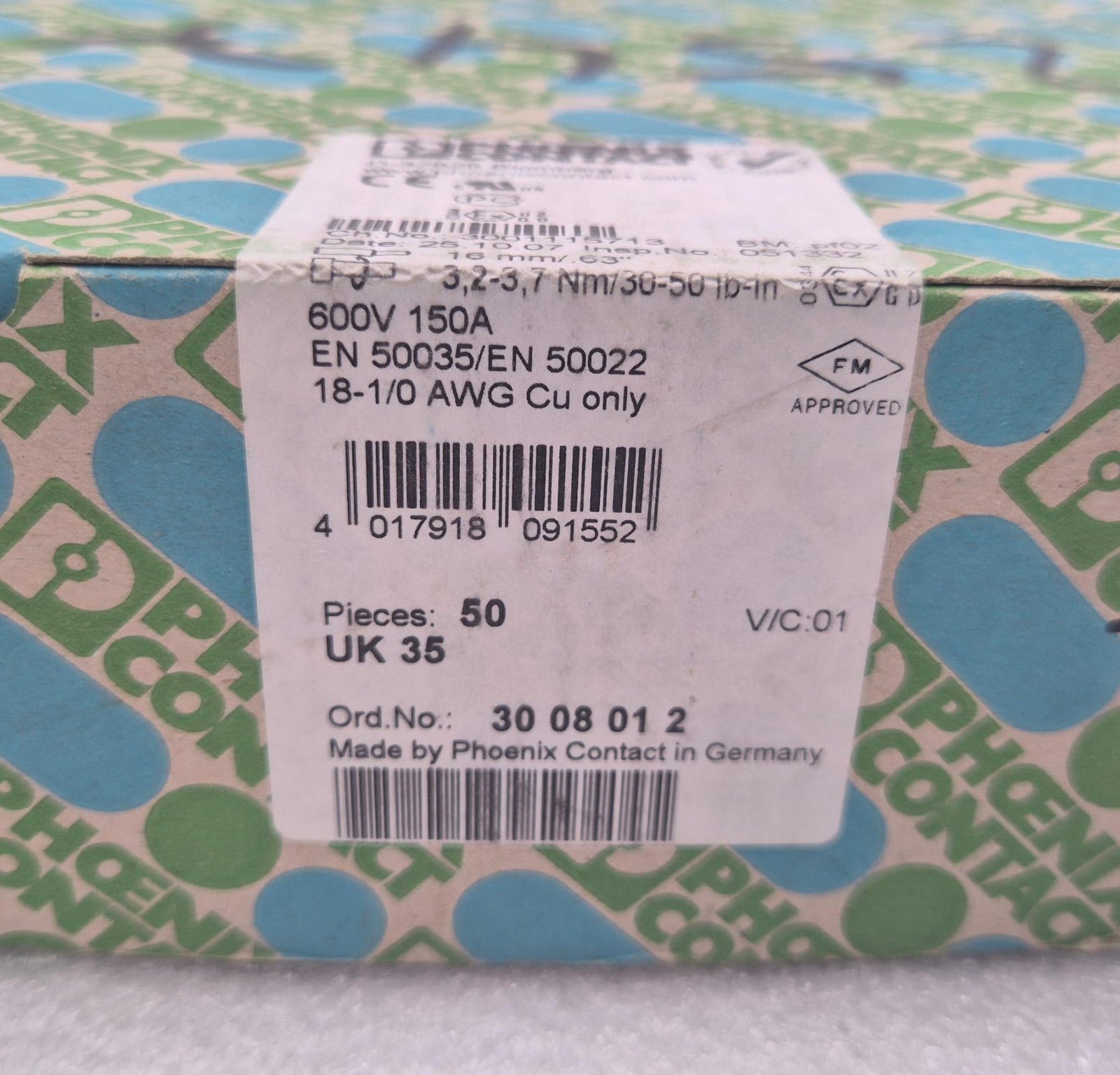 [50pcs] NEW - PHOENIX CONTACT UK 35 3008012 Straight-through Terminal Block