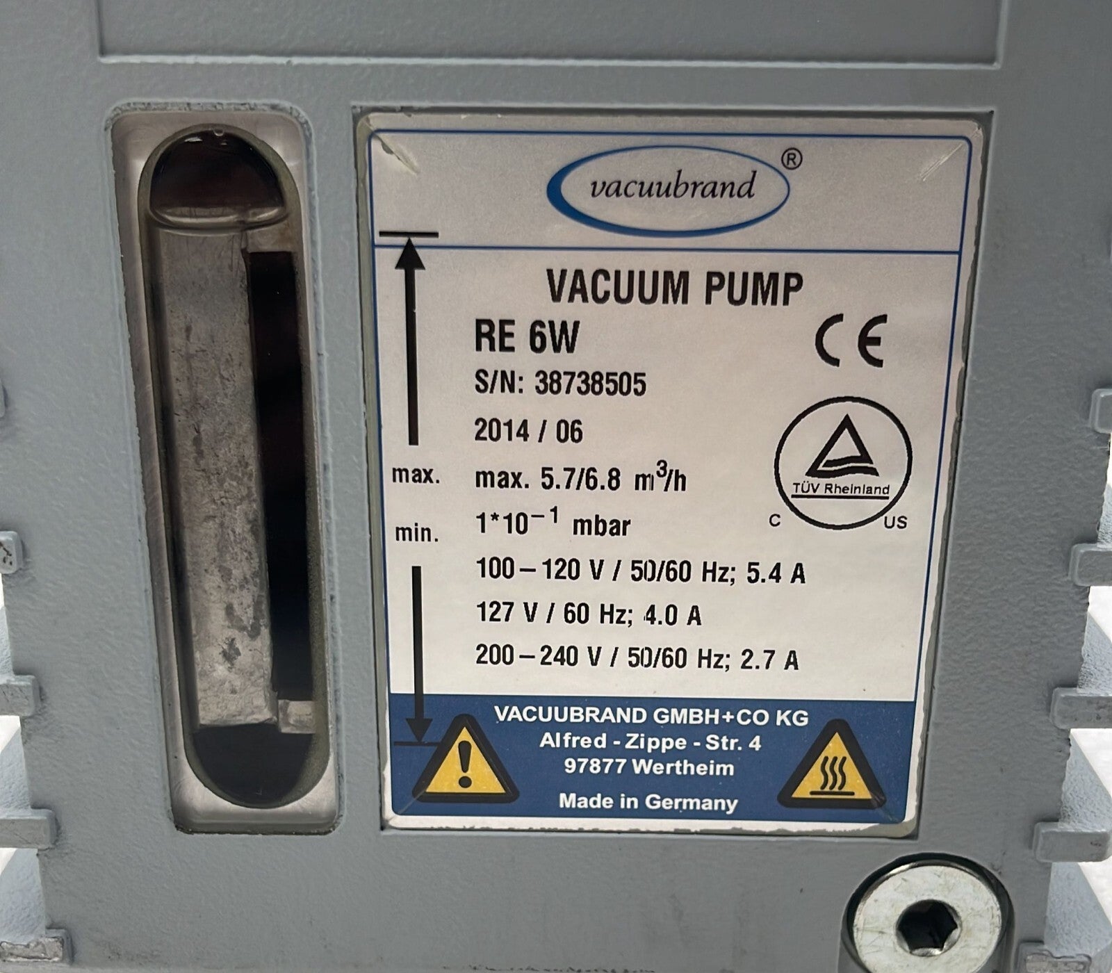 Vacuubrand RE 6W Rotary Vane Vacuum Pump YEAR 2014/06