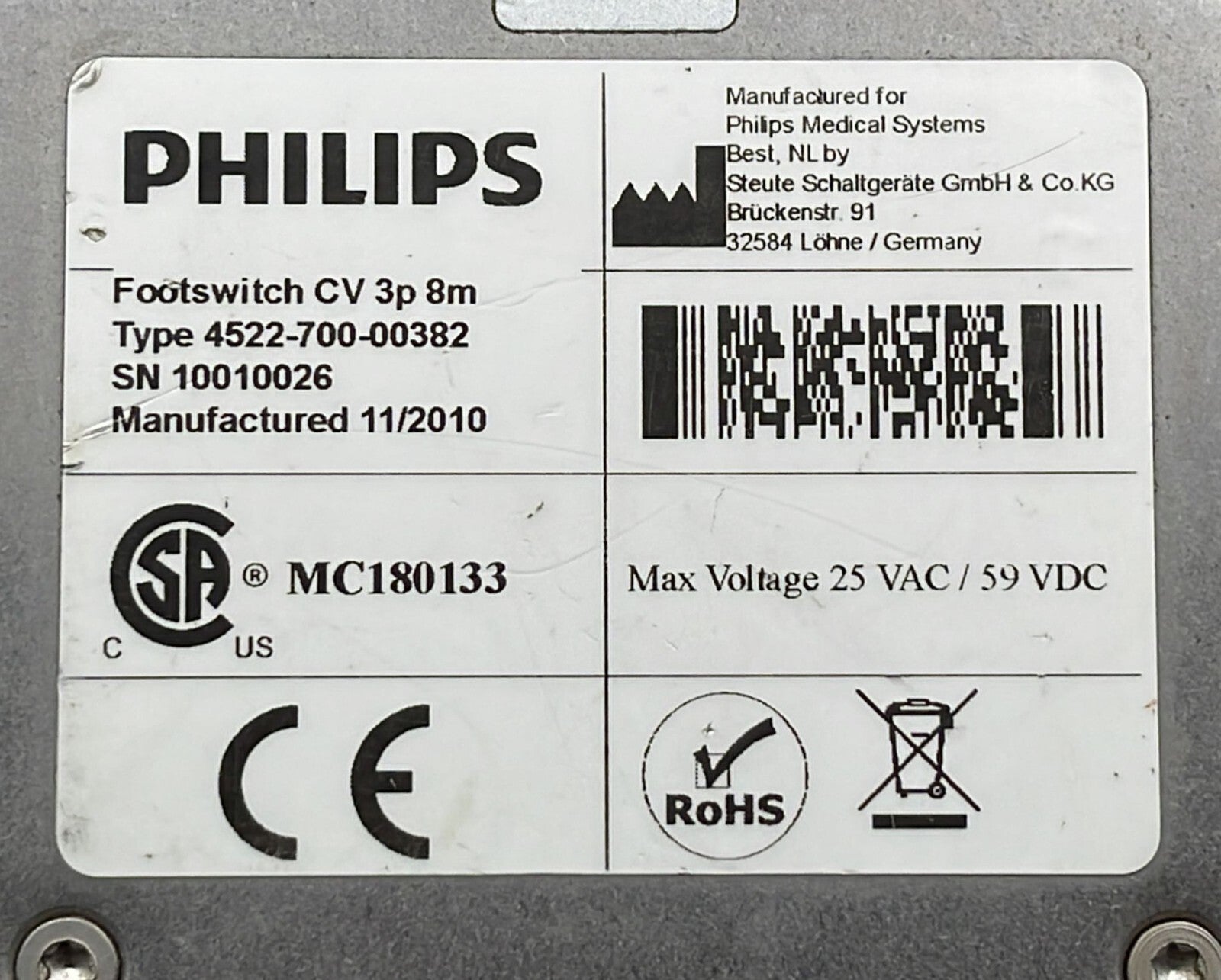 Philips 4522-700-00382 FootSwitch CV 3p 8m Pedal