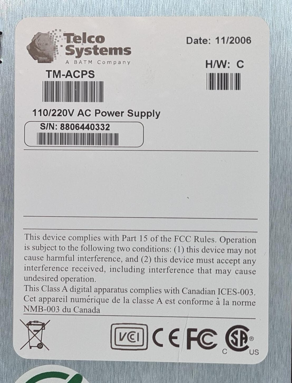 Telco TM-ACPS 110/220V AC Hot-Swappable Power Supply Module ASSY AS100900