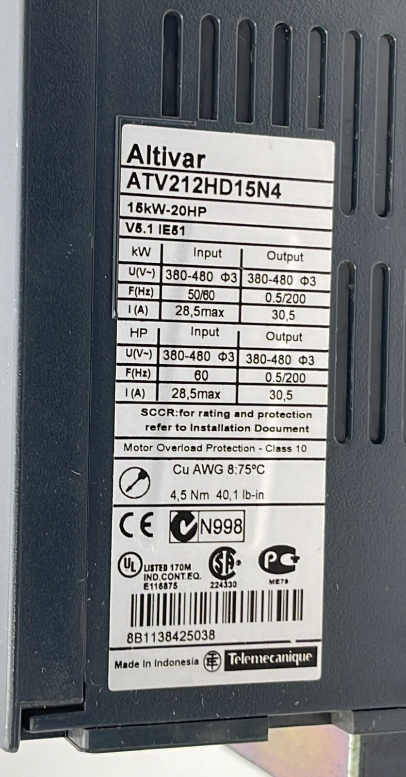 Schneider Electric HVAC Altivar ATV212HD15N4 AC Drive 15kW 20HP